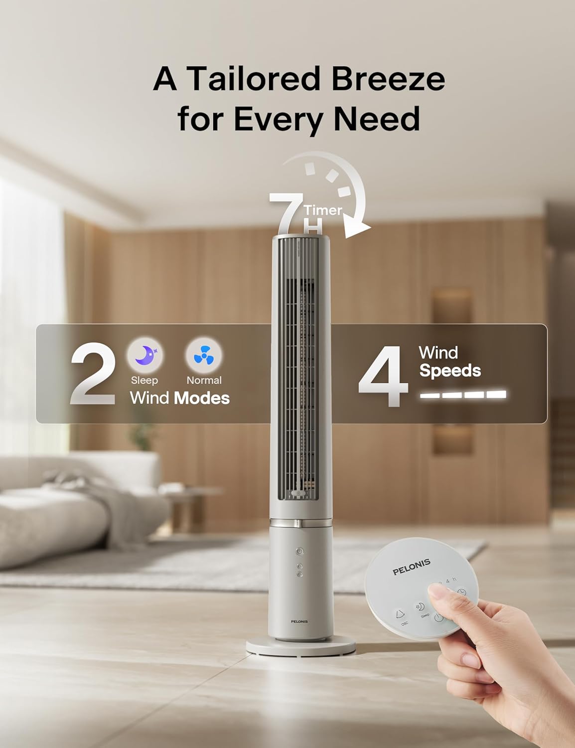 PELONIS 40-inch Bladeless Tower Fan for Bedroom, Standing Fan with Remote Control, 26ft/s, 90° Oscillation, 3 Speed Settings, 27 dB, 3 Modes