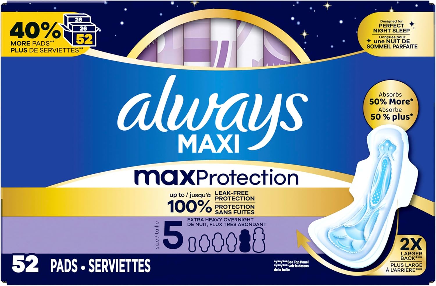 Always Maxi Overnight Pads with Wings for Women, Size 5, Extra Heavy Overnight Absorbency, Unscented, 36 Count