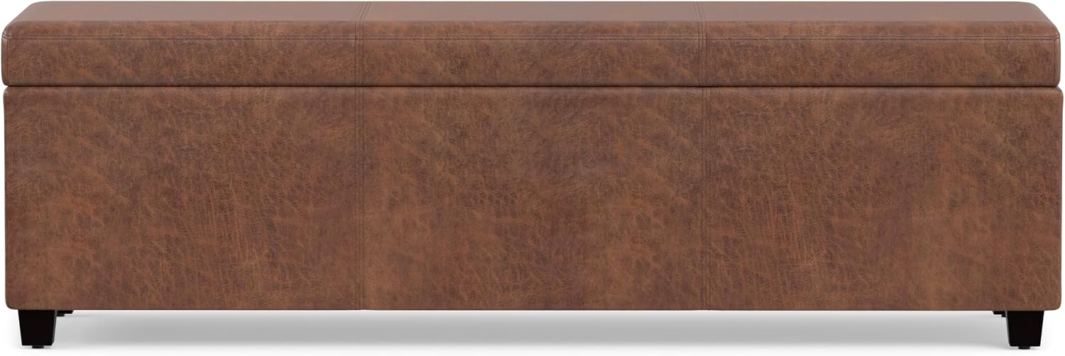 SIMPLIHOME Avalon 54" Wide Vegan Leather Storage Ottoman in Tanners Brown