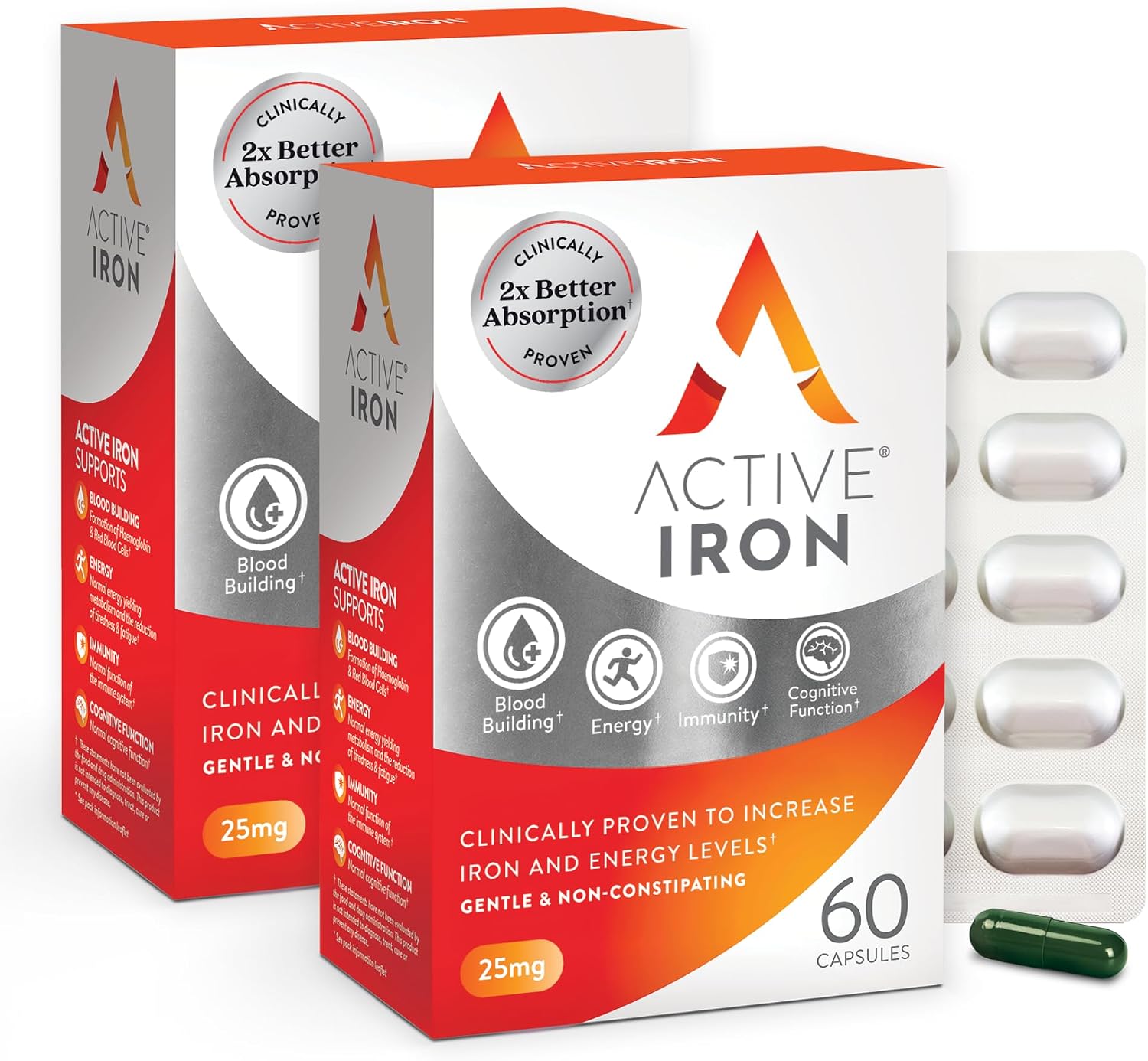 Active Iron Supplement 25mg, Clinically Proven to Increase Iron, Gentle | Optimum Absorption Iron Pills, Increases Energy Levels, Non-Constipating, Avoids Nausea, 60 On-the-Go Foil Protected Capsules