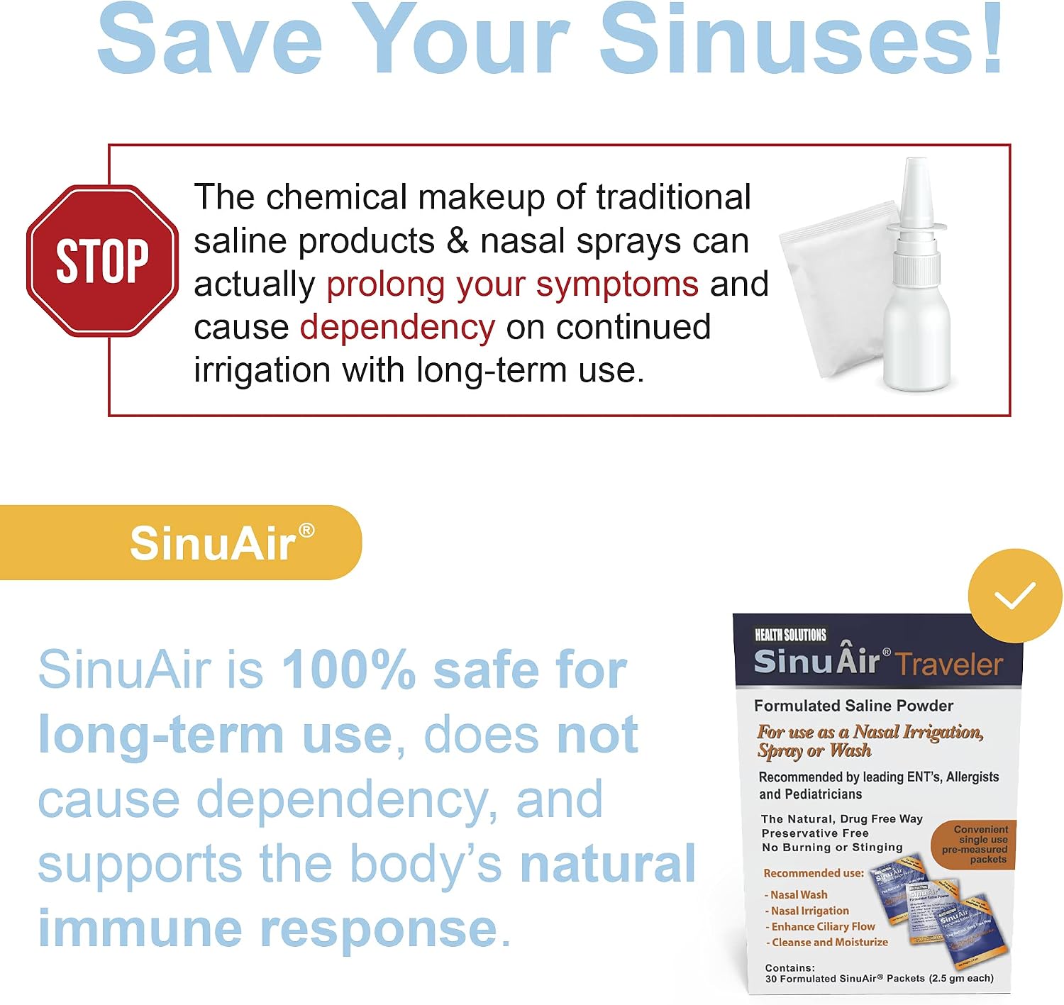 SinuAir Traveler Saline Packets - Sodium Chloride with Potassium & Calcium, Salt Solution Powder Refill Packs for Nasal Irrigation Machine