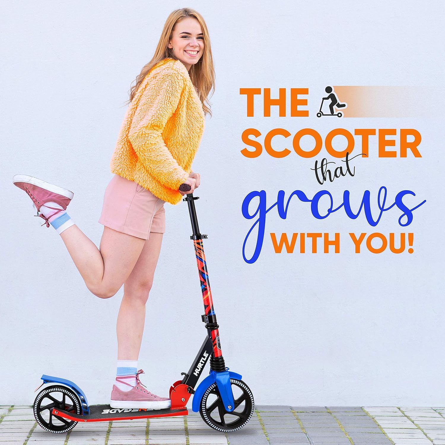 Hurtle Renegade Kick Scooter for Kids, Teenagers & Adults - 2-Wheel Folding Scooter with Adjustable T-Bar Handlebar - Alloy Anti-Slip Deck