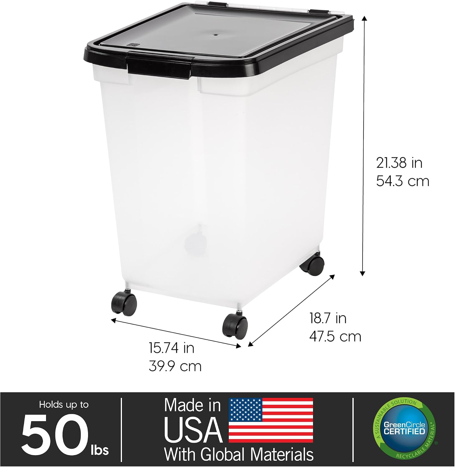 IRIS USA Dog Food Storage Container, Up to 25 lbs, Black, Made in USA | Wheels for Mobility, Airtight Seal, BPA-Free, Best for Bird Seed, Cat food, Cat Litter, Chicken Feed, Pellets