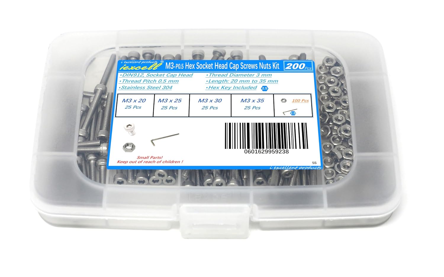 iexcell 20 Pcs M8 x 30/35/40/45/50 mm Stainless Steel 304 Hex Socket Head Cap Screws Bolts Assortment, Fully Threaded