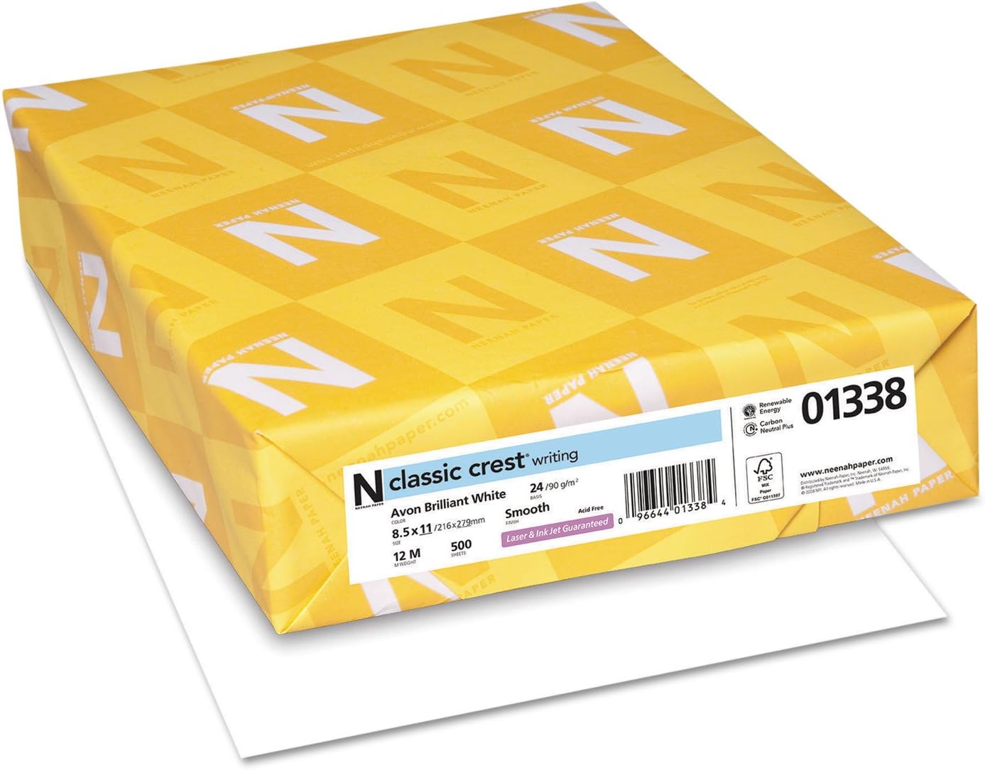 Neenah Paper 01338 CLASSIC CREST Writing Paper, 24lb, 93 Bright, 8 1/2 x 11, Avon White, 500 Sheets