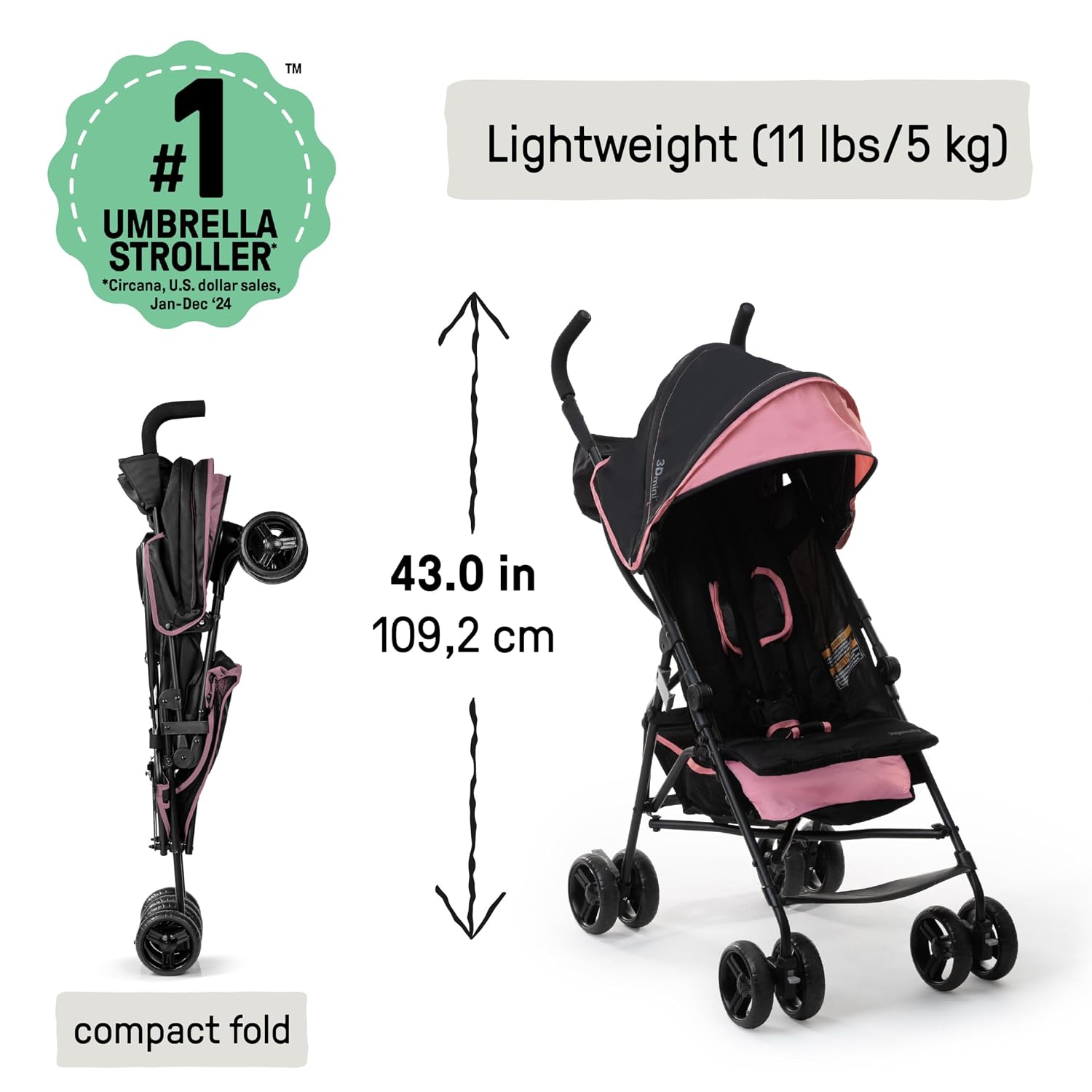 Ingenuity 3D Mini Convenience Stroller – Lightweight Stroller with Compact Fold, Multi-Position Recline, Canopy with Pop Out Sun Visor – Umbrella Stroller for Travel & More, Blue/Black