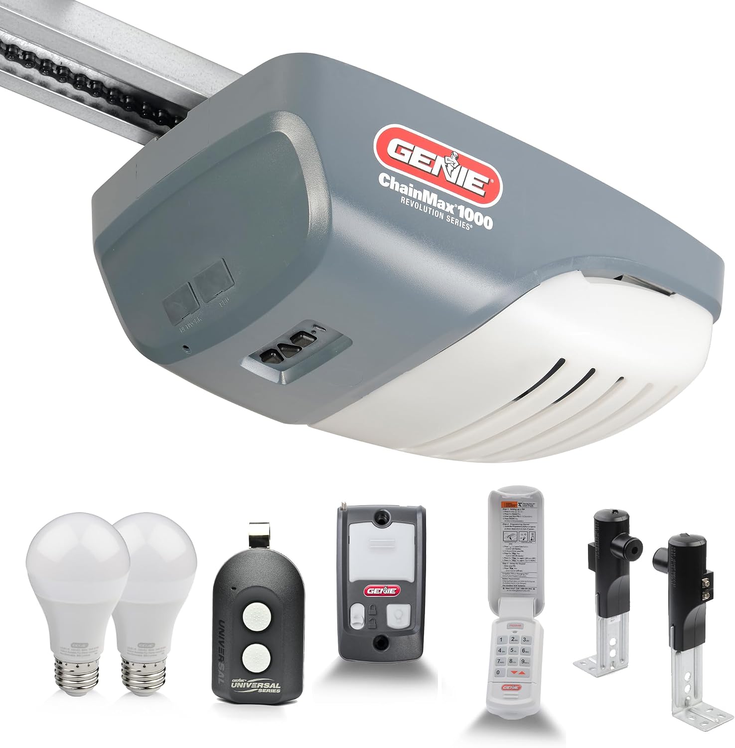 Genie ChainMax 1000 Garage Door Opener - Durable Chain Drive - Includes two 3-Button Pre-Programmed Remotes,Wall Console, Wireless Keypad, Safe-T-Beams - Model 3022-TKH, 140V DC Motor,Gray | 140V DC Motor, Chain C-Channel Rail, 2 Remotes, Wall Console, W…