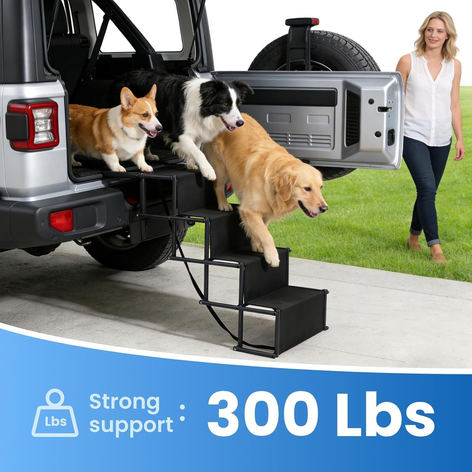 Portable Extra Wide Dog Steps, Large Dog Folding Stairs for Car, Truck, SUV | 4 Steps Non-Slip Dog Ramp for Large Dogs, Supports Up to 300 Lbs