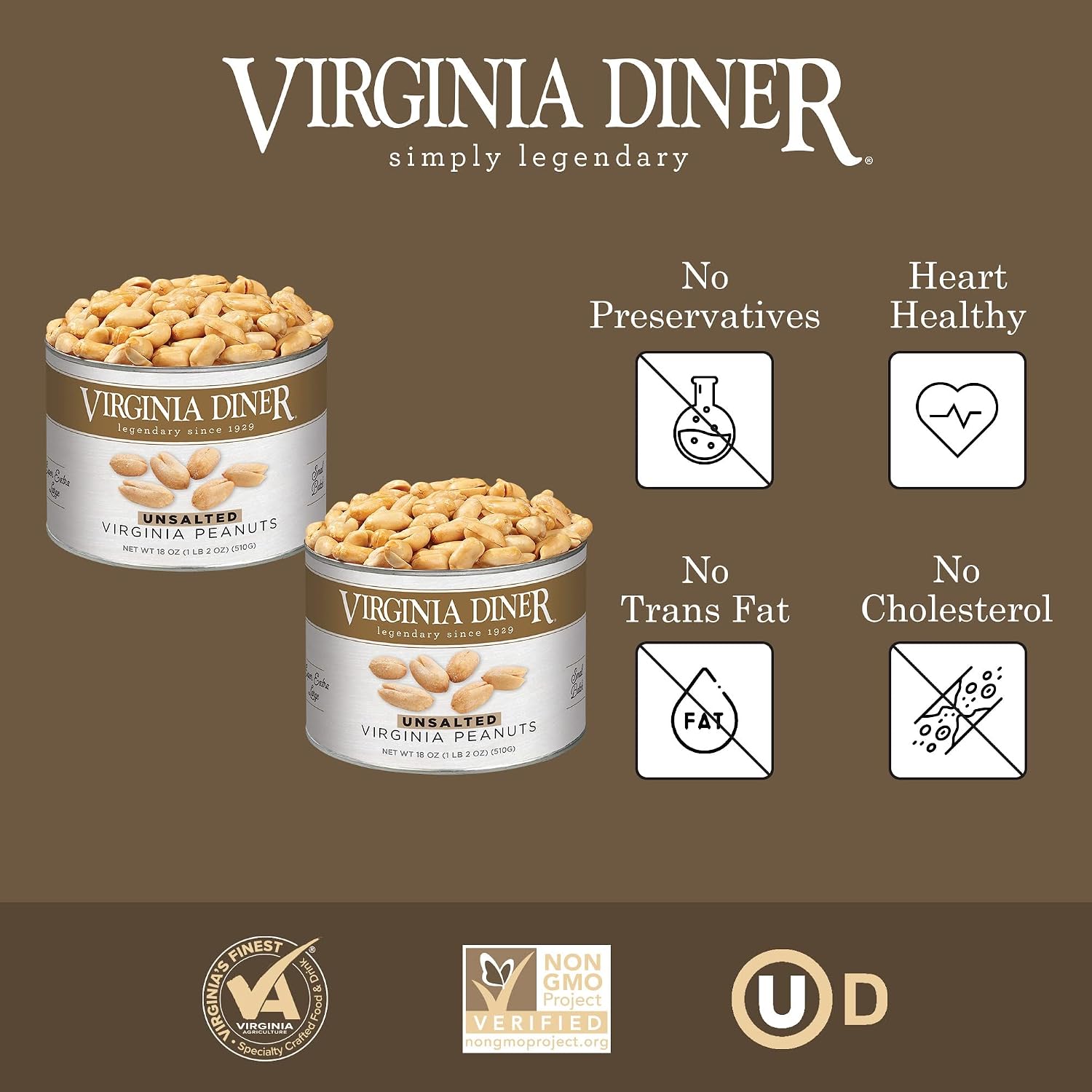 Virginia Diner Salted Virginia Peanuts - XL Gourmet Peanuts Non-GMO, Preservative Free Gifts from Virginia Since 1929-18 Oz Can