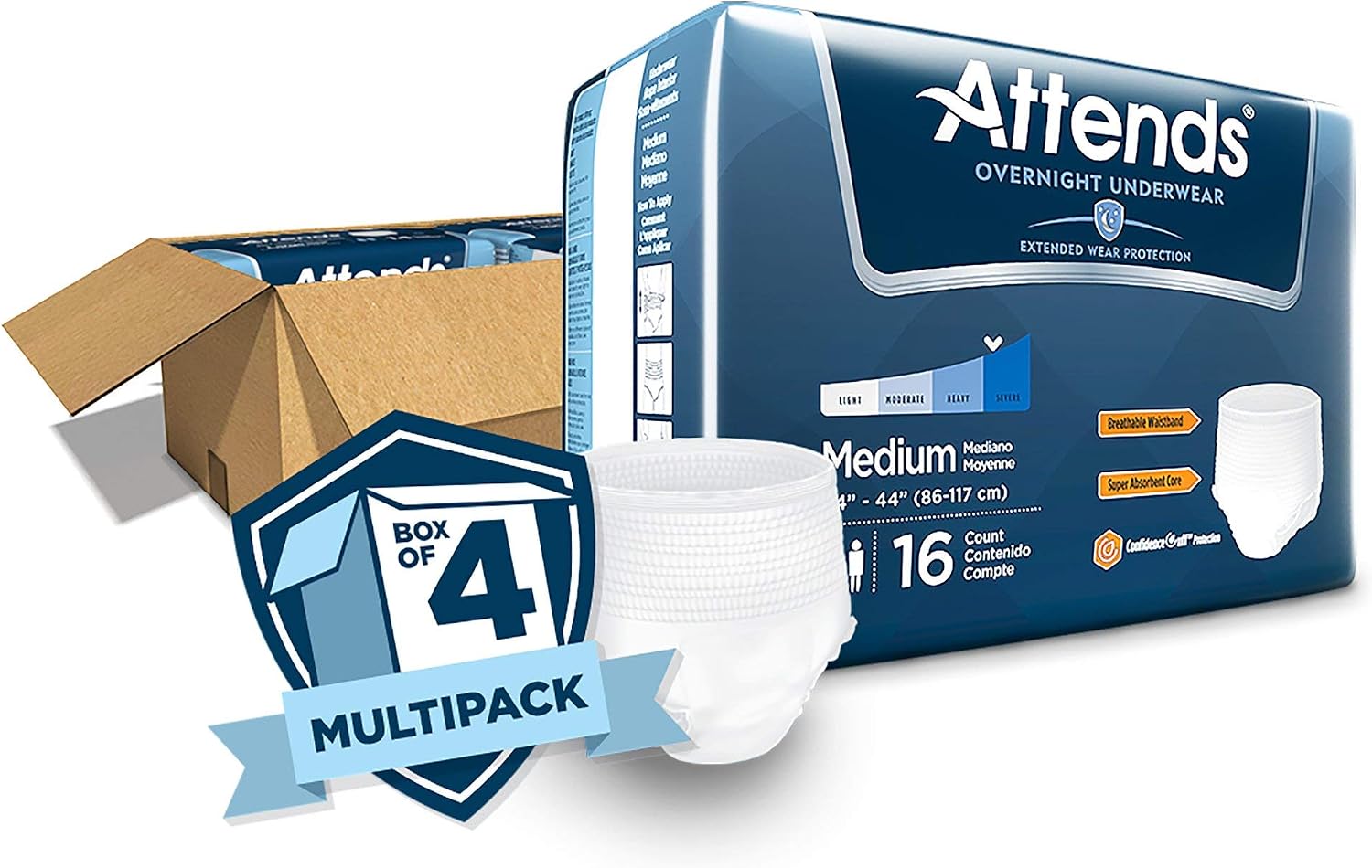 Attends Overnight Underwear for Adult Incontinence Care with ConfidenceCuff™ Protection, Overnight Absorbency, Unisex, X-Large, 12 Count (x4) | Unisex