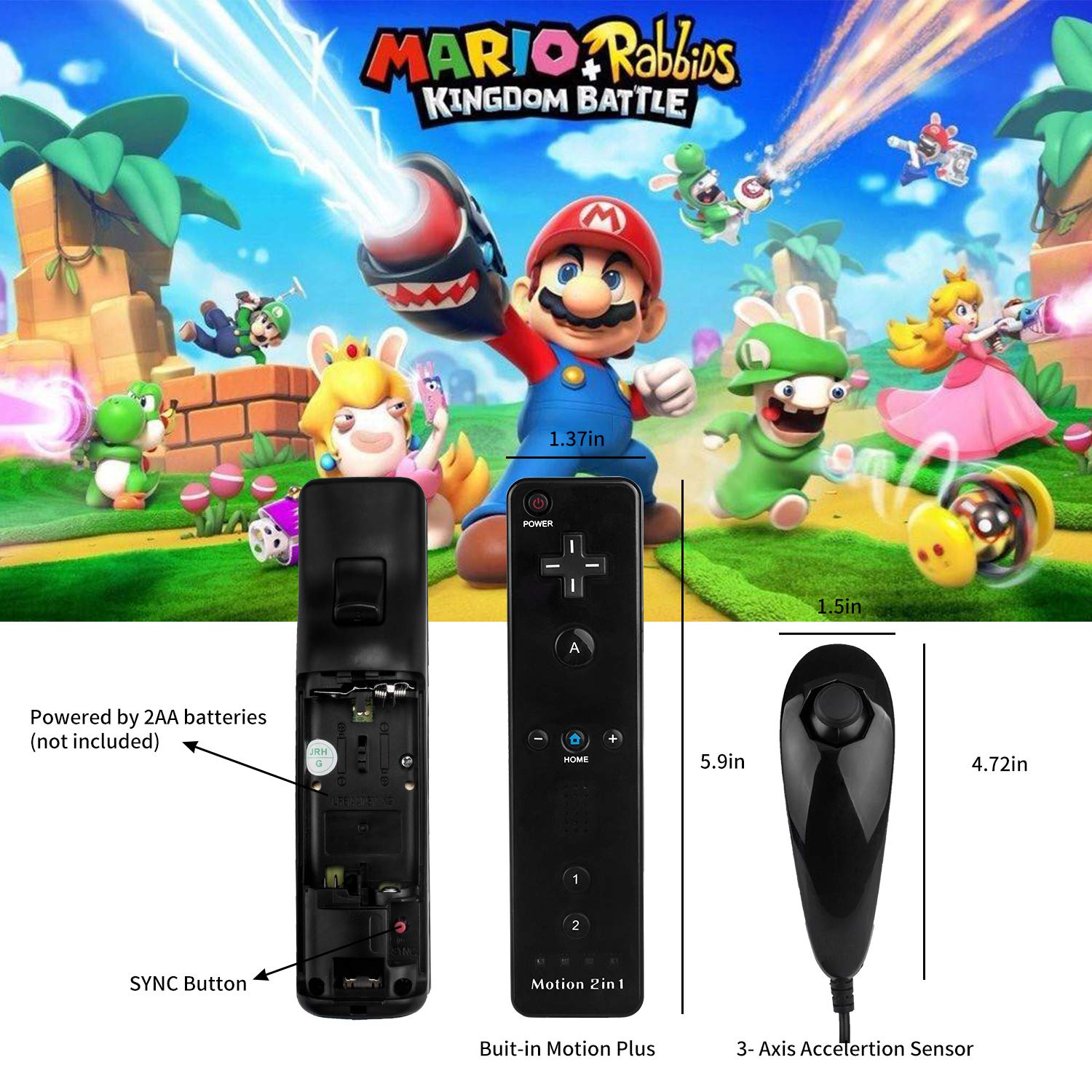 TechKen 2 Pack Wii Controllers with Wii Motion Plus Inside | Shock Wii Nunchuk Controller | Compatible Nintendo Wii, Motion Plus Wii Controller