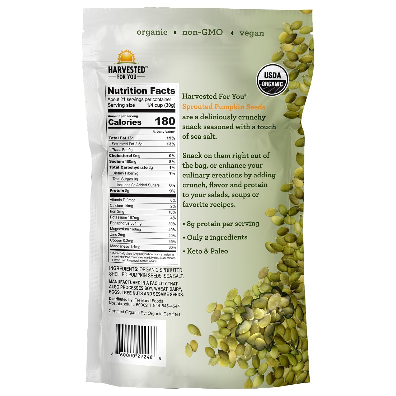 Harvested For You Sea Salted Sprouted Pumpkin Seeds, 22oz Bag, Non GMO, Paleo, Gluten Free, Vegan, Organic, Plant Based, Keto
