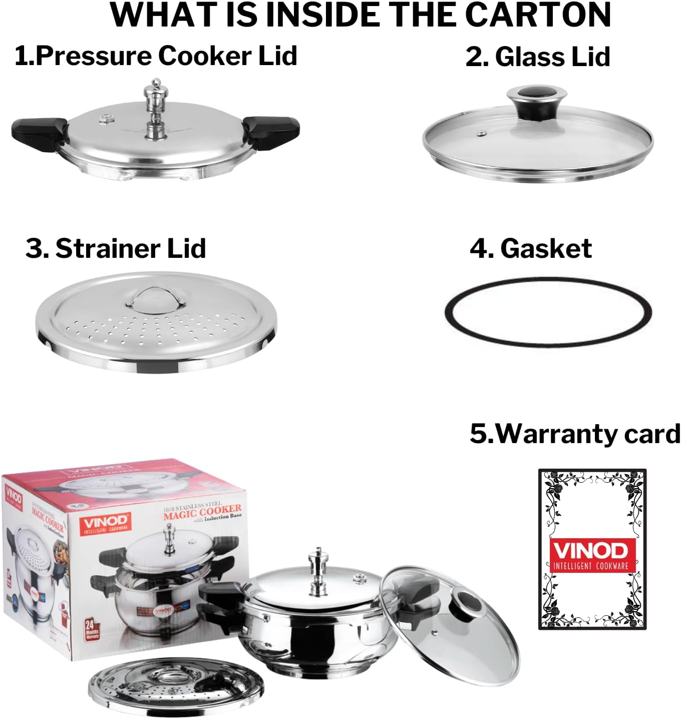 Vinod Magic Stainless Steel Smart 3 in 1 Pressure Cooker 5.5 Litre | 5mm Thick Base | All in One Cooker with Strainer & Glass Lid | Induction and