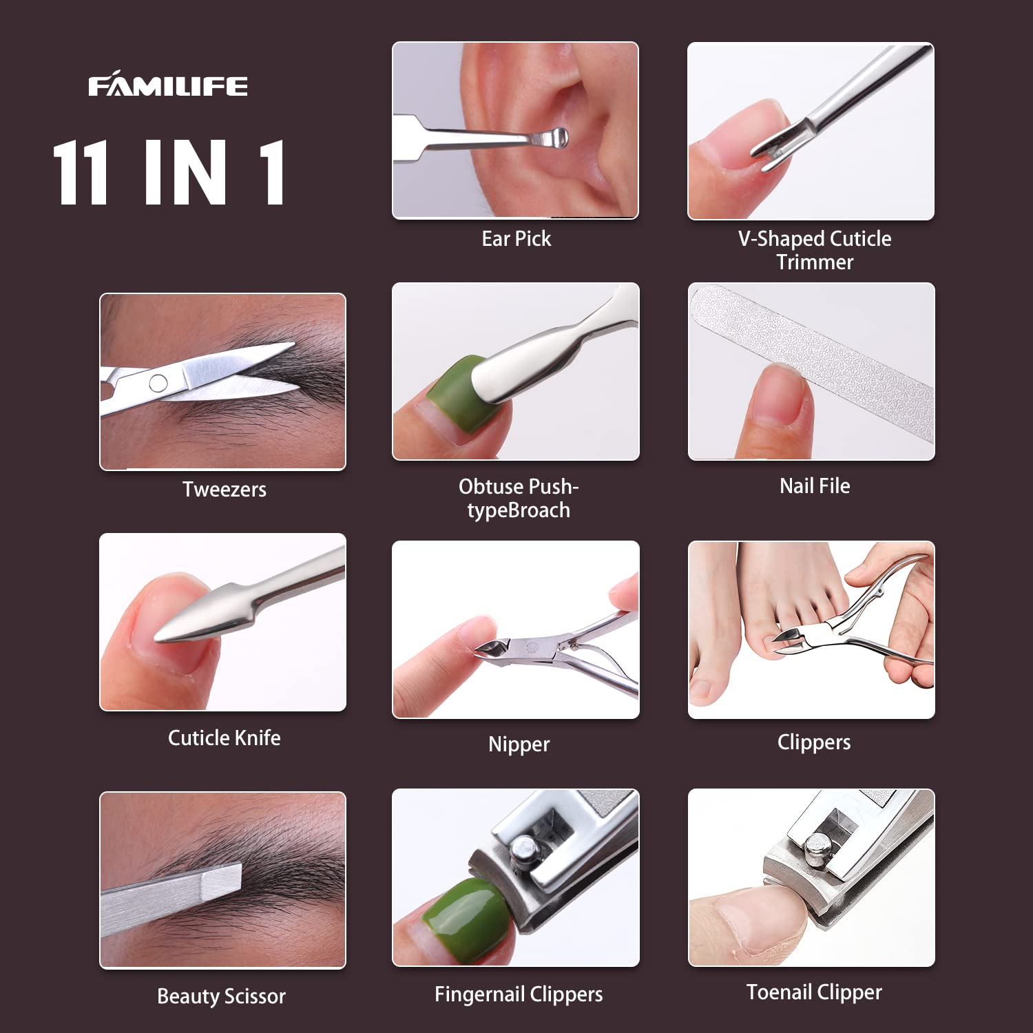 FAMILIFE Stainless Steel Manicure Set 11-in-1 Professional Nail Clipper Kit