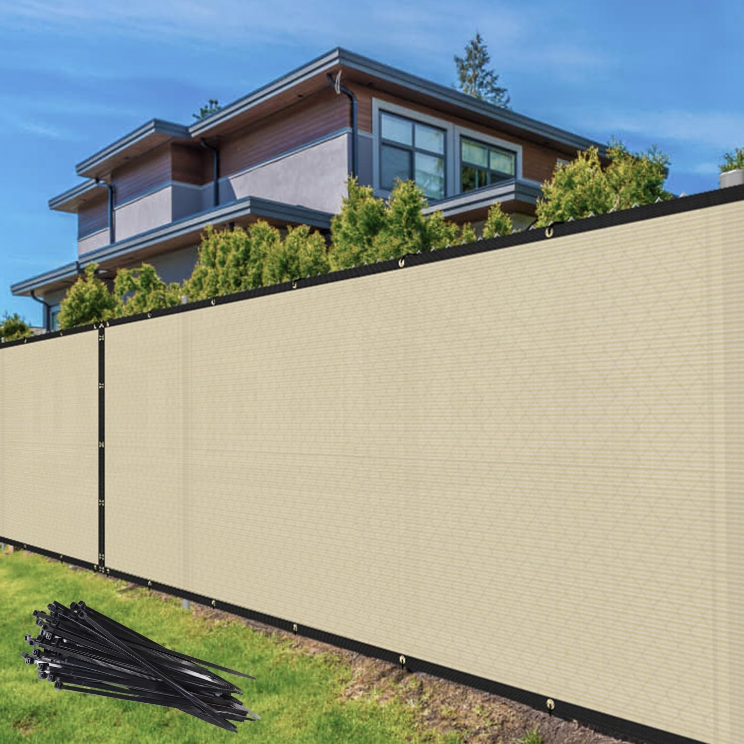 TANG 6' x 16' Privacy Fence Screen Beige Shade Cloth with Grommets, Chain Link Fence Panels Outdoor Mesh Fabric Fencing, Balcony Windscreen Cover