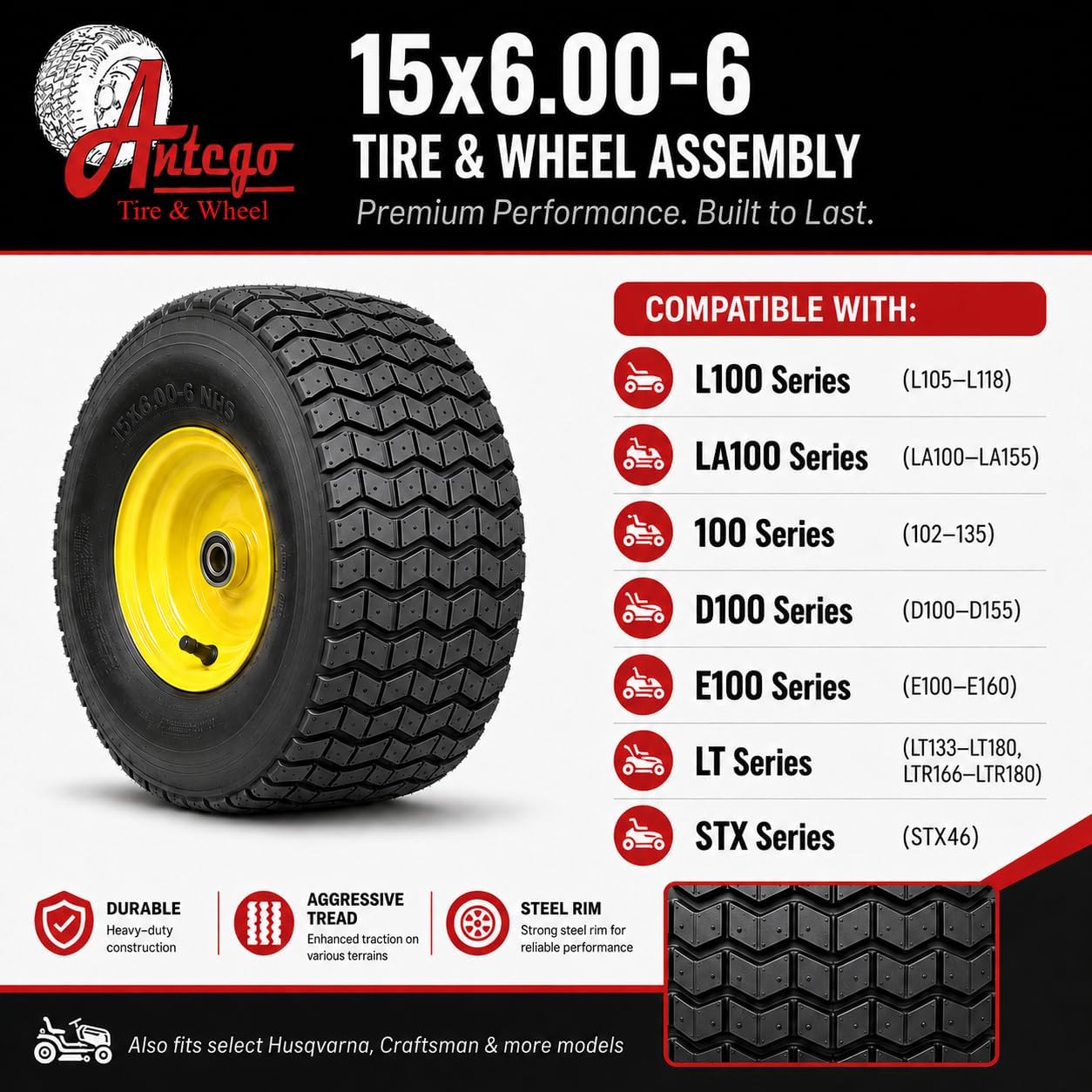 Antego 15x6.00-6 Lawn Mower Tire & Wheel Assembly ATW-001 4 Ply, Set of 2 | ATW-001, 4 Ply