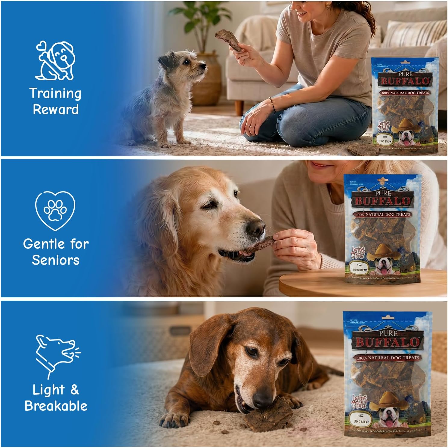 Loving Pets Pure Buffalo Lung Steaks – Natural Single Ingredient Buffalo Dog Treats – High Protein Chewy Dog Snacks for Everyday Reward – Grain Free, Long-Lasting Treats for Small, Medium & Large Dogs