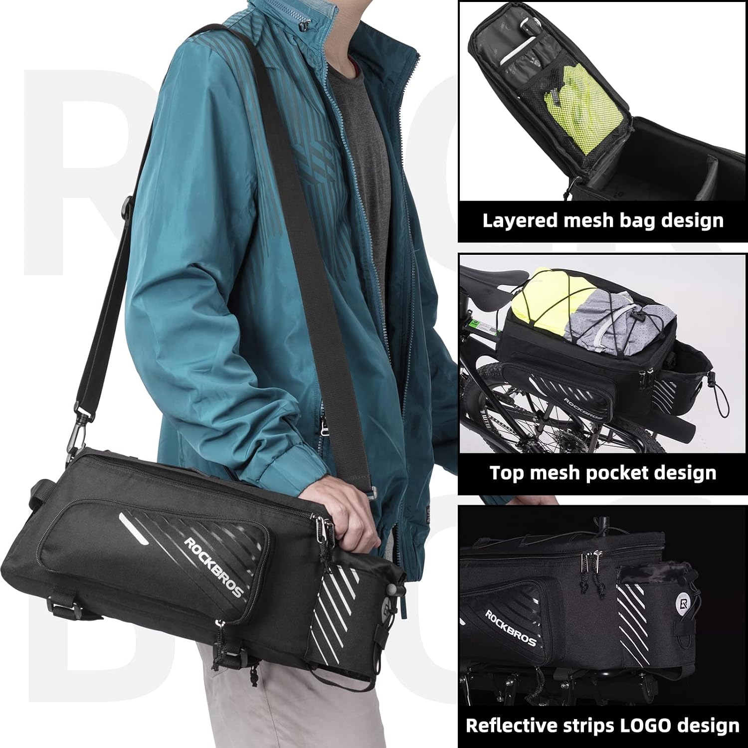 ROCKBROS 15L Bike Rear Rack Bag Pannier Trunk Bag with Rain Cover | Large Capacity Storage Bag Detachable Shoulder Strap Bicycle Trunk Rear Rack Bag Fits All Bikes E-bikes for Daily Cycling