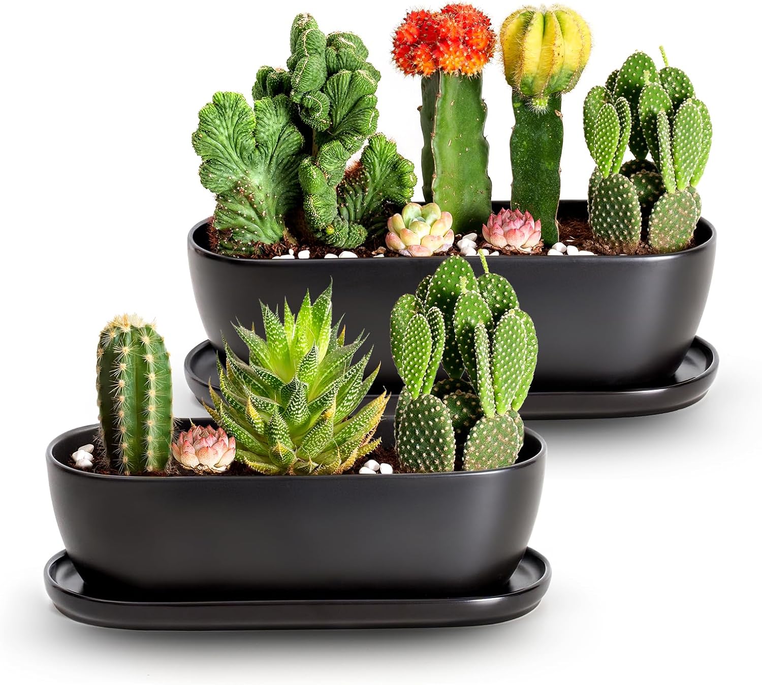 E-liu 11 Inch Oval Ceramic Planter Pot with Drainage Hole Saucers