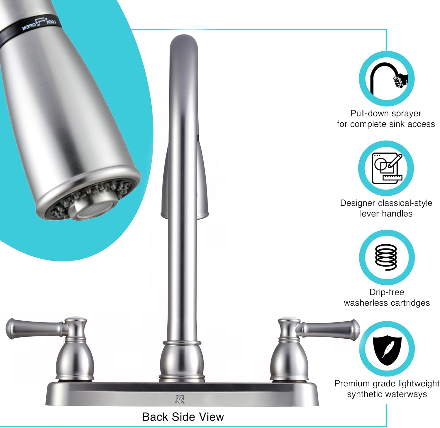 Dura Faucet DF-PK350L-SN RV Pull-Down Kitchen Sink Faucet (Satin Nickel) | Stream-to-spray sprayer with a corrosion-resistant non-metallic build. Brushed Satin Nickel. Plated ABS plastic (not metal).