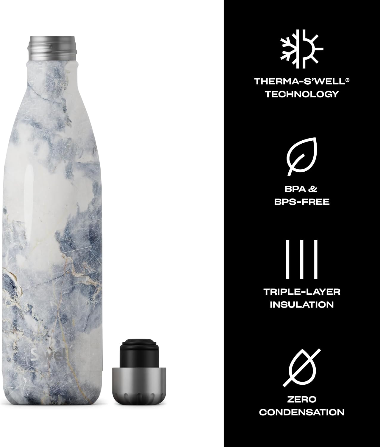 S'well Stainless Steel Water Bottle, 17oz, Blue Suede, Triple-Layered Vacuum Insulated Containers Keeps Drinks Cold for 36 Hours and Hot for 18, BPA Free, Perfect for On the Go