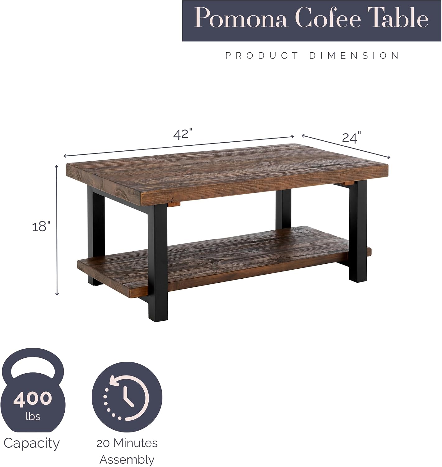 Alaterre Furniture Pomona Solid Wood 2-Tier End Table, Rustic Brown, 27” | Nightstand with Storage Shelf and Metal Legs, Industrial Farmhouse Chair Side Table for Living Room or Bedroom