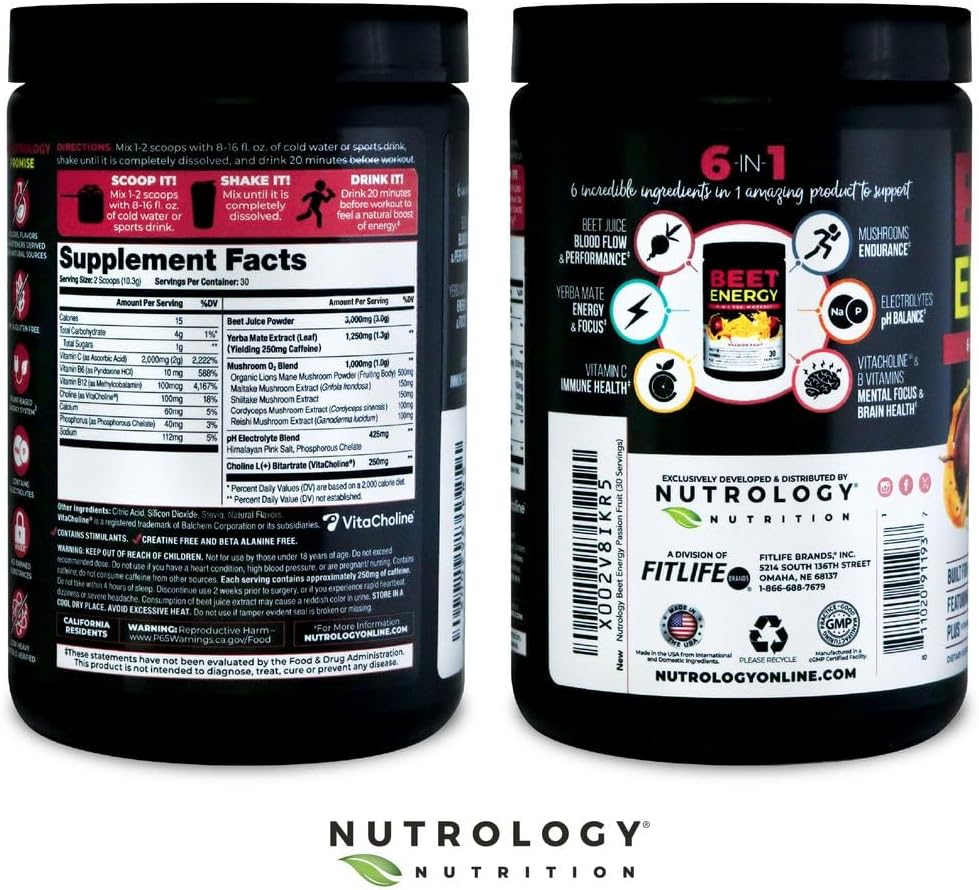 Nutrology Beet Energy O2 Pre Workout Passion Fruit Flavor - 30 Servings | Beet Juice Powder, Yerba Mate, Adaptogens, Electrolytes, Energy Support