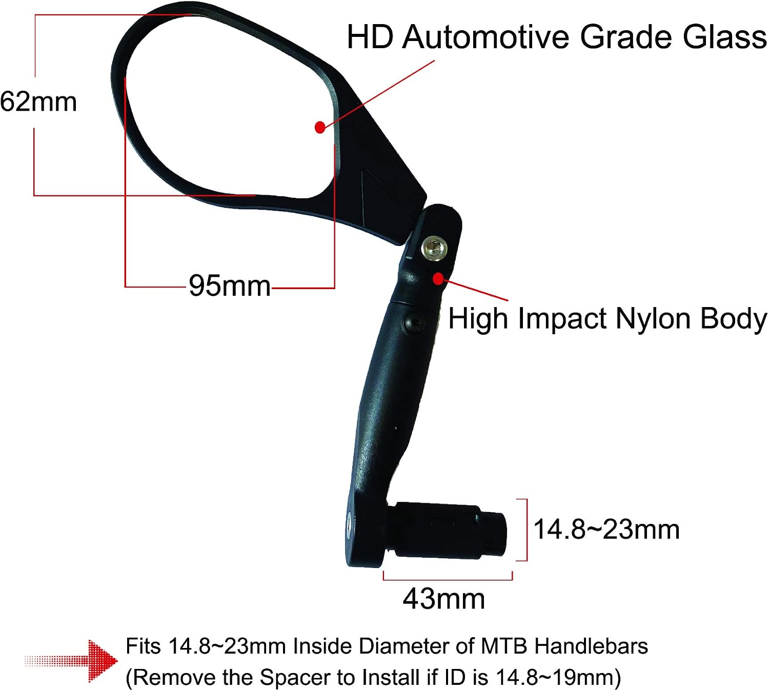 Hafny New Handlebar Bike Mirror, HD,Blast-Resistant, Glass Lens, Reflector (HF-M903LS-FR05 (Bar End Fitting Left Side, Silver Glass))