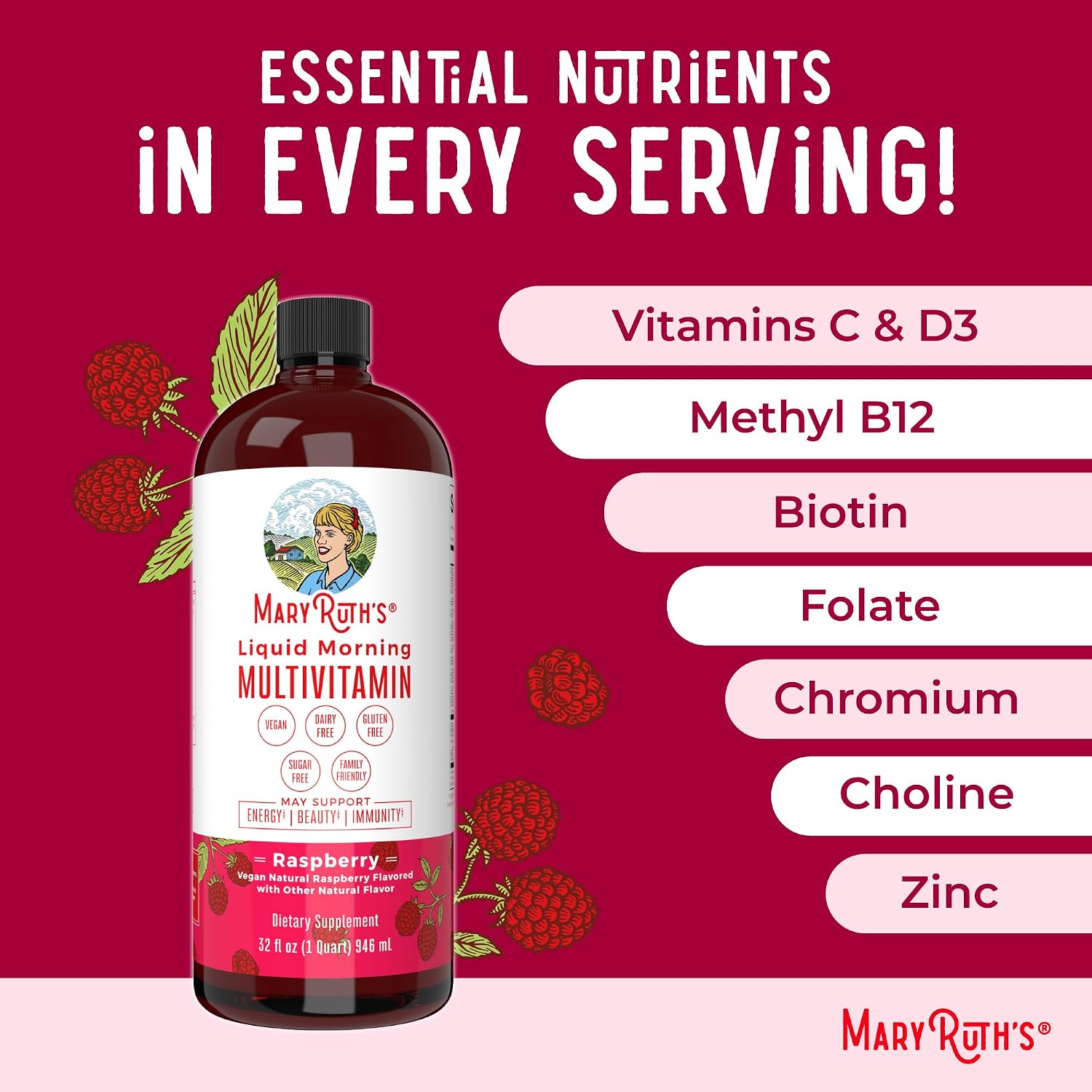 MARYRUTH'S Liquid Morning Multivitamin for Women, Men & Kids, 32 Servings | Vitamin A C D E B6 B12 Biotin Zinc, Beauty, Vegan, Non-GMO, Gluten Free