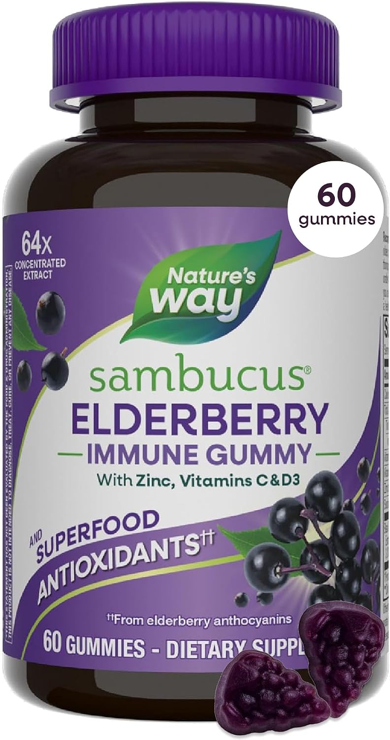 Nature's Way Sambucus Elderberry Gummies for Immune Support* Ages 4+, 60 ct | Immune Gummy with Black Elderberry Extract, Vitamin C, D3, Zinc