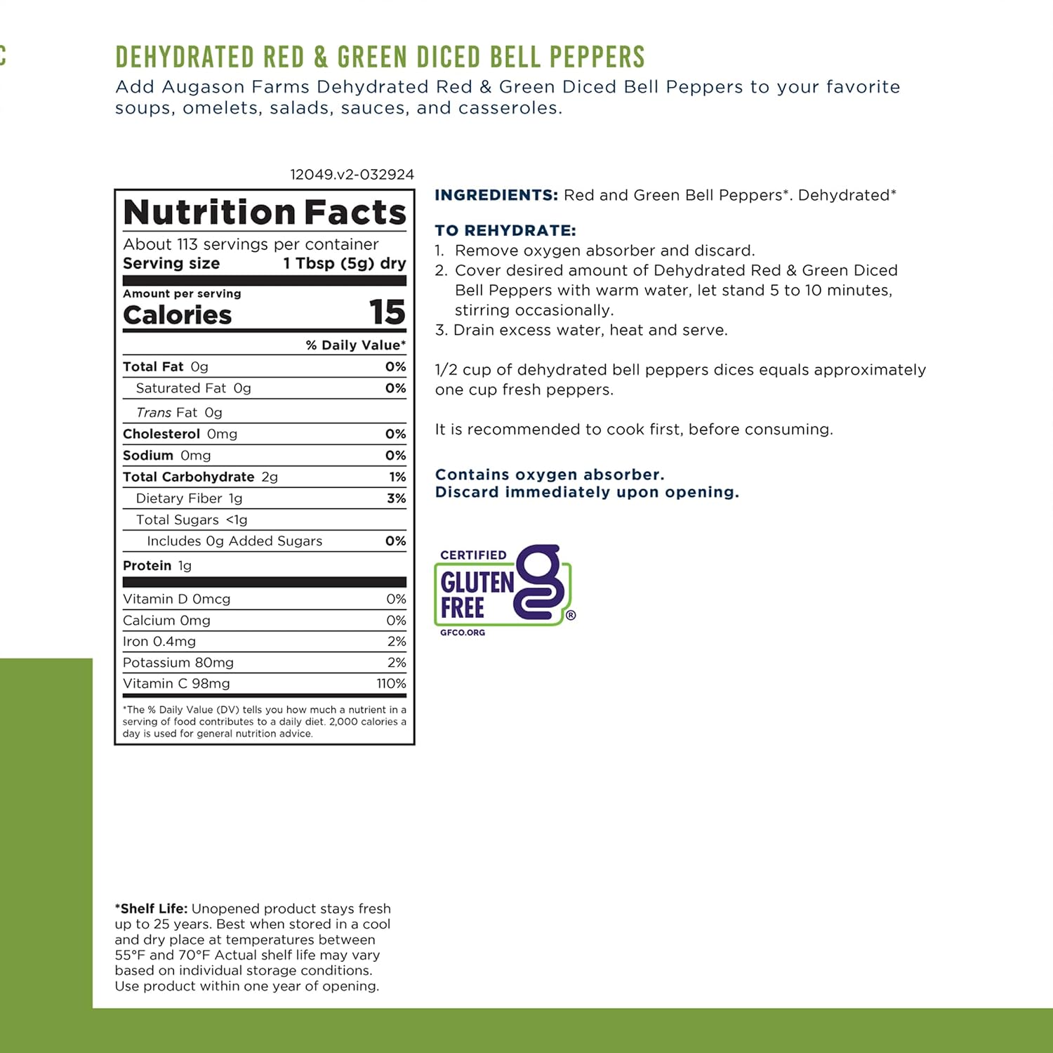 Augason Farms Dehydrated Diced Bell Peppers Can | Emergency Food Supply, 113 Servings, 25 Year Shelf Life, Red and Green Peppers, Dehydrated Meals
