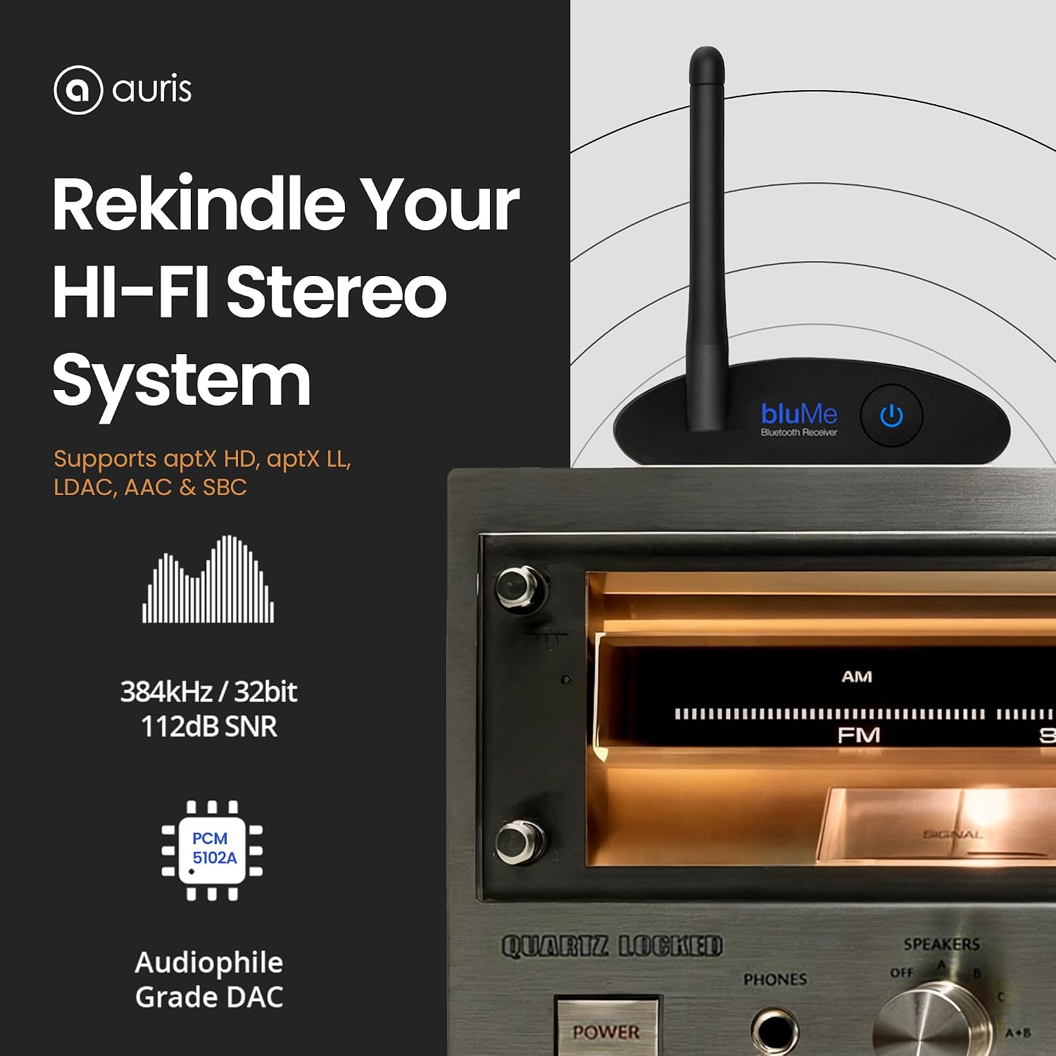 Blume HD Long Range Bluetooth 5.3 Music Receiver Hi-Fi Audio Adapter with Audiophile DAC, LDAC & AptX HD for Home Stereo, AV Receiver or Amplifier