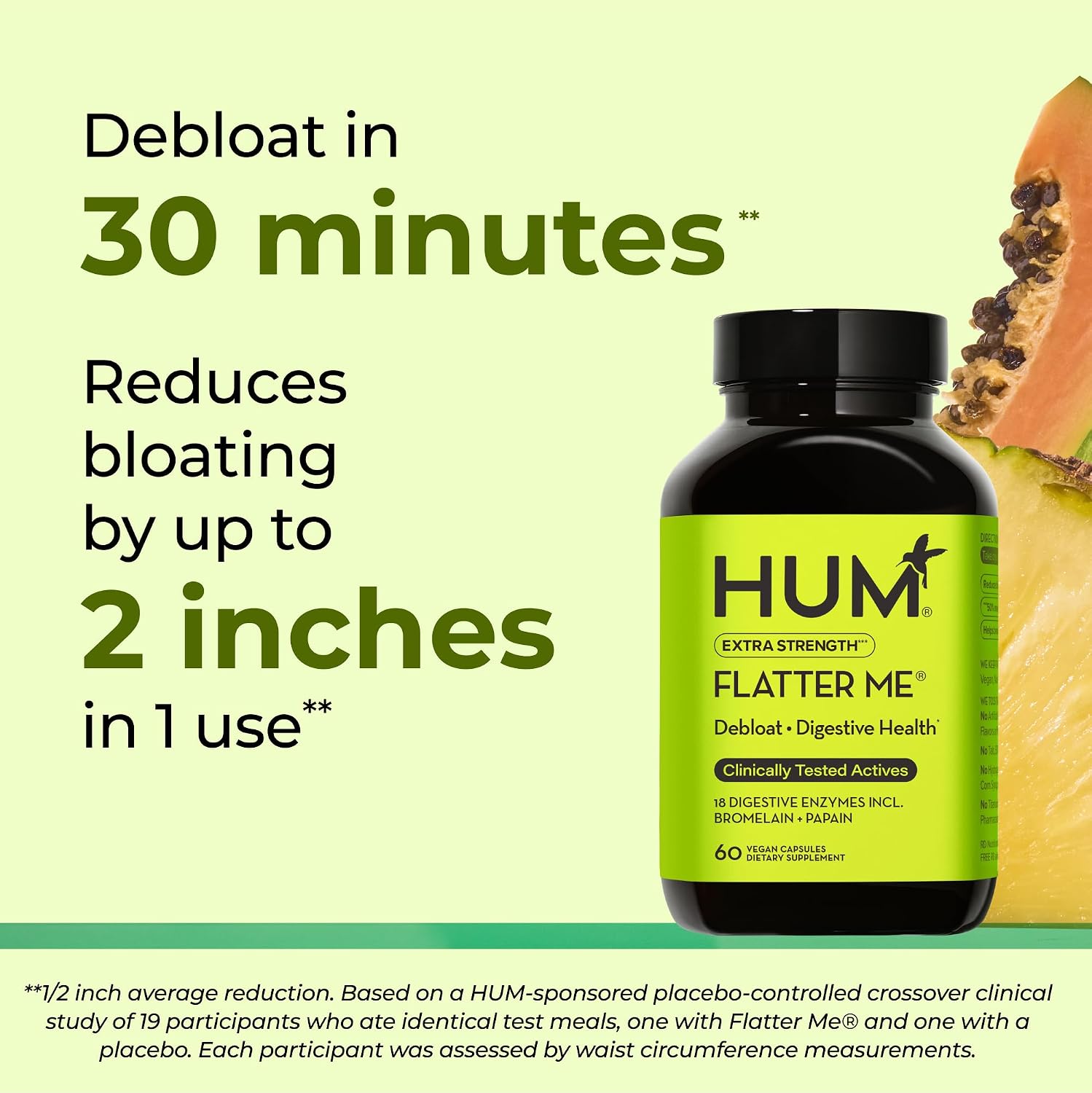 HUM Flatter Me Digestive Enzymes, Digestion & Bloating Support, 60 Count | 18 Digestive Enzymes, Ginger, Peppermint & Fennel, Women & Men, Vegan, Non-GMO, 60 Capsules