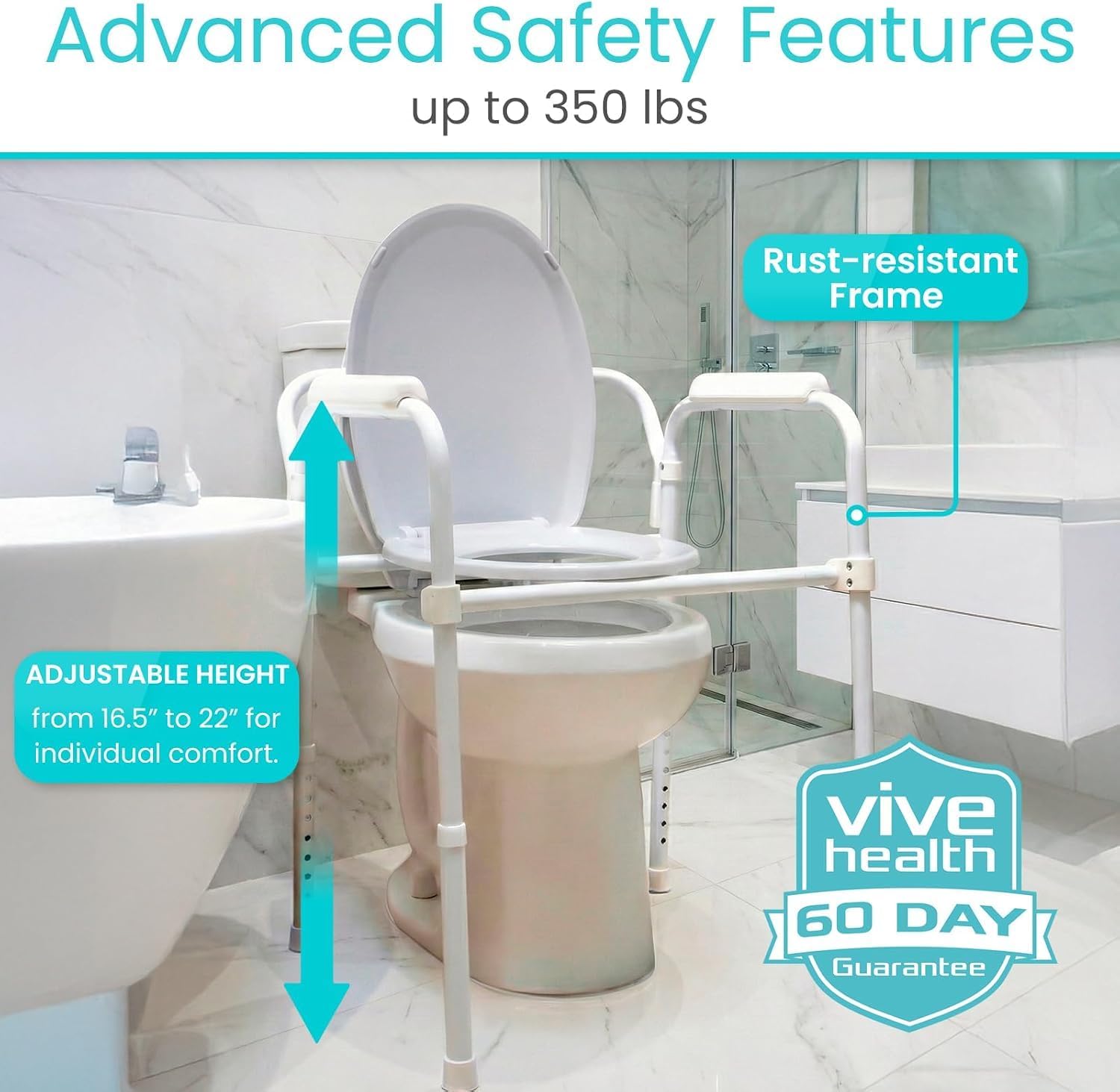 Vive Bedside Commode Toilet Chair (Folding) - 350 lb Capacity, Safety Rail, Shower Chair - 3 in 1 Heavy Duty Bariatric Bucket with Padded Arms