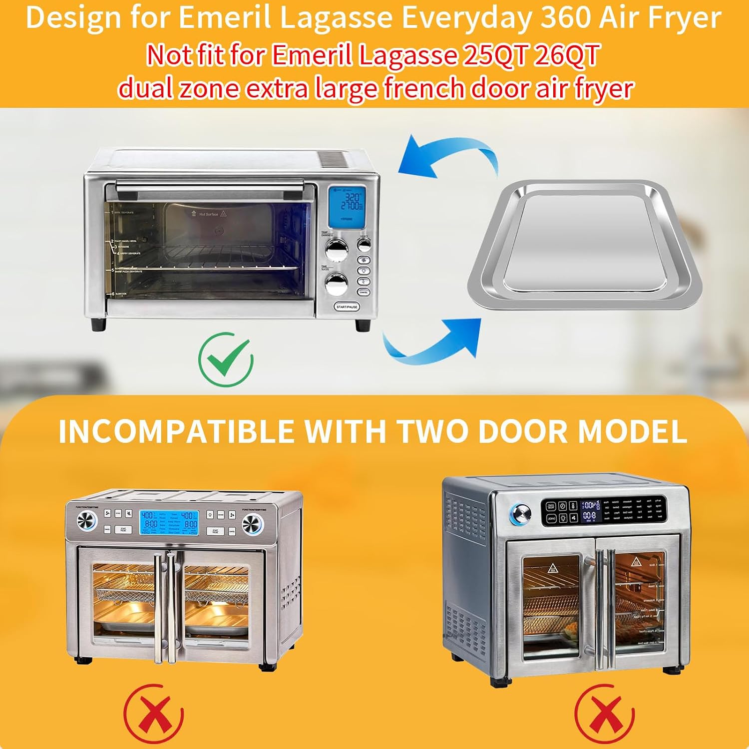 Air Fryer Grill Pan for Emeril Lagasse Everyday 360 Air Fryer, 12''×10'' Stainless Steel Air Fryer Accessories Replacement Crisper Tray Bake Pan, Not fit for Emeril Lagasse 26 QT 25 QT French Door