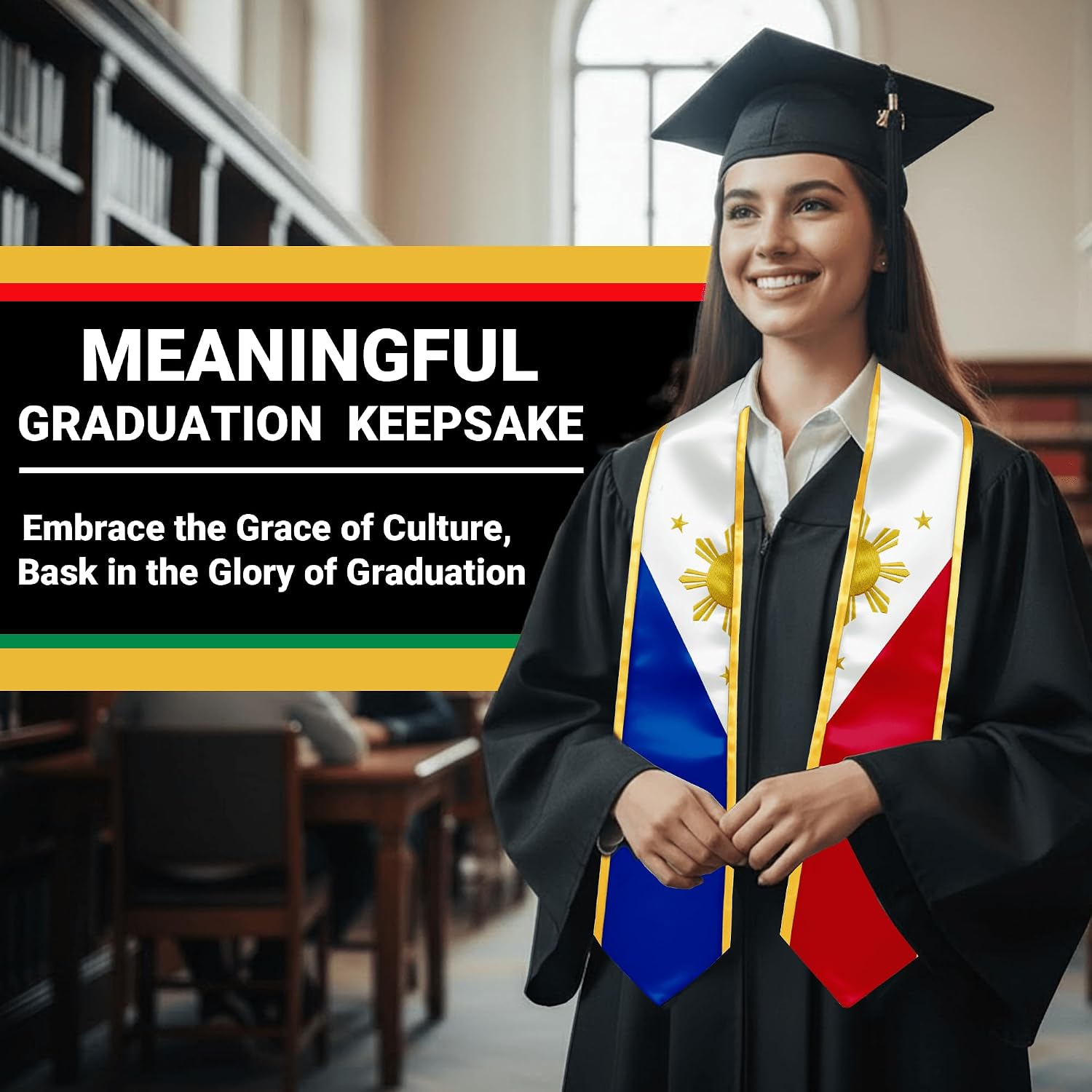 YOXEULL National Flag Embroidered Graduation Stole with Trim, Graduation Sash Graduates Gift, 72"