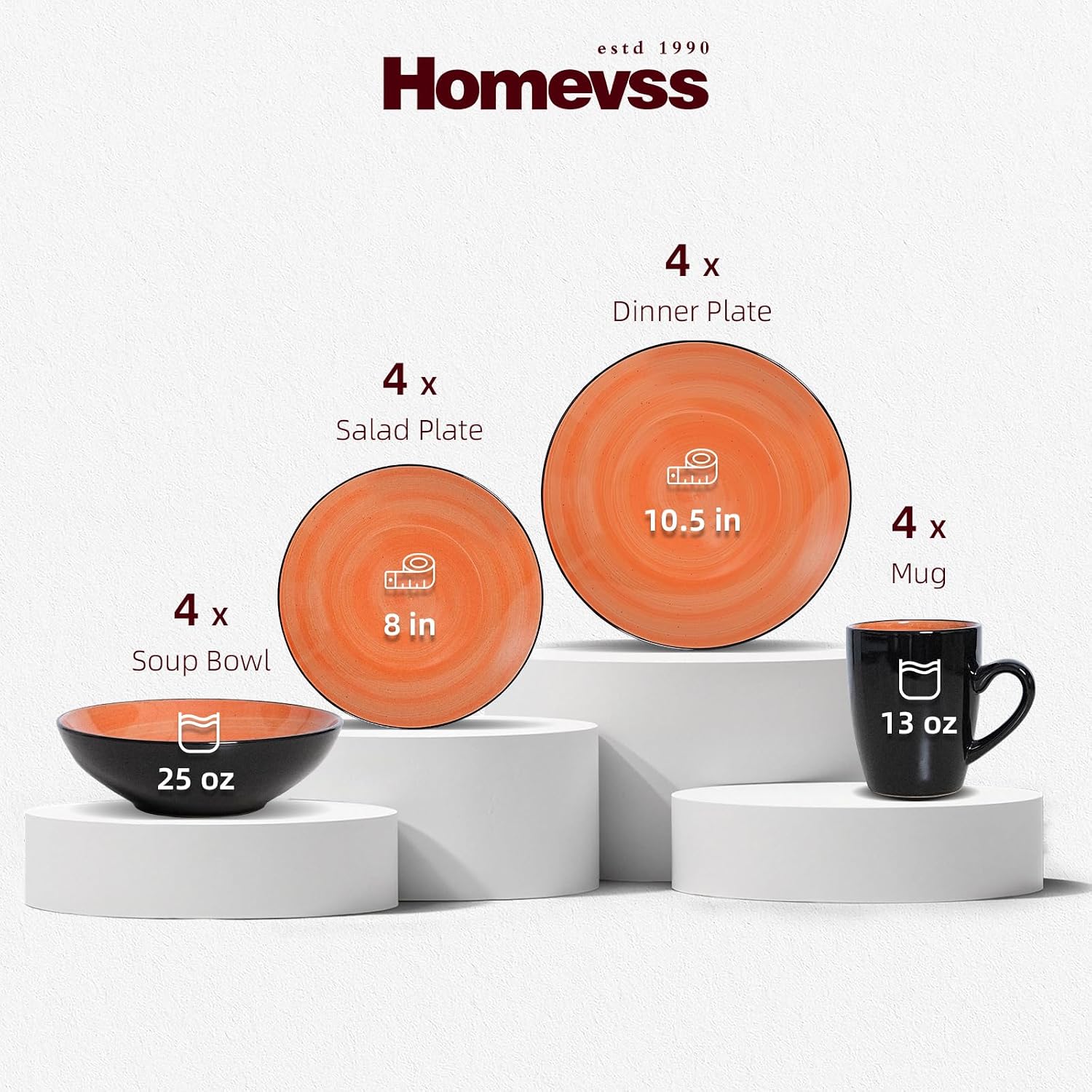 HomeVss, Sonoma Stoneware Dinnerware Set, Outside Black + Inside Hand Painting Color (16pc Set, Grey)