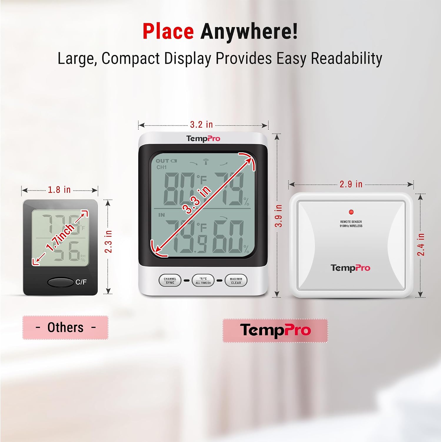 TempPro TempAir 500 FT Indoor Outdoor Thermometer Wireless with Sensor | 3.3" LCD Backlit Display, Front Button