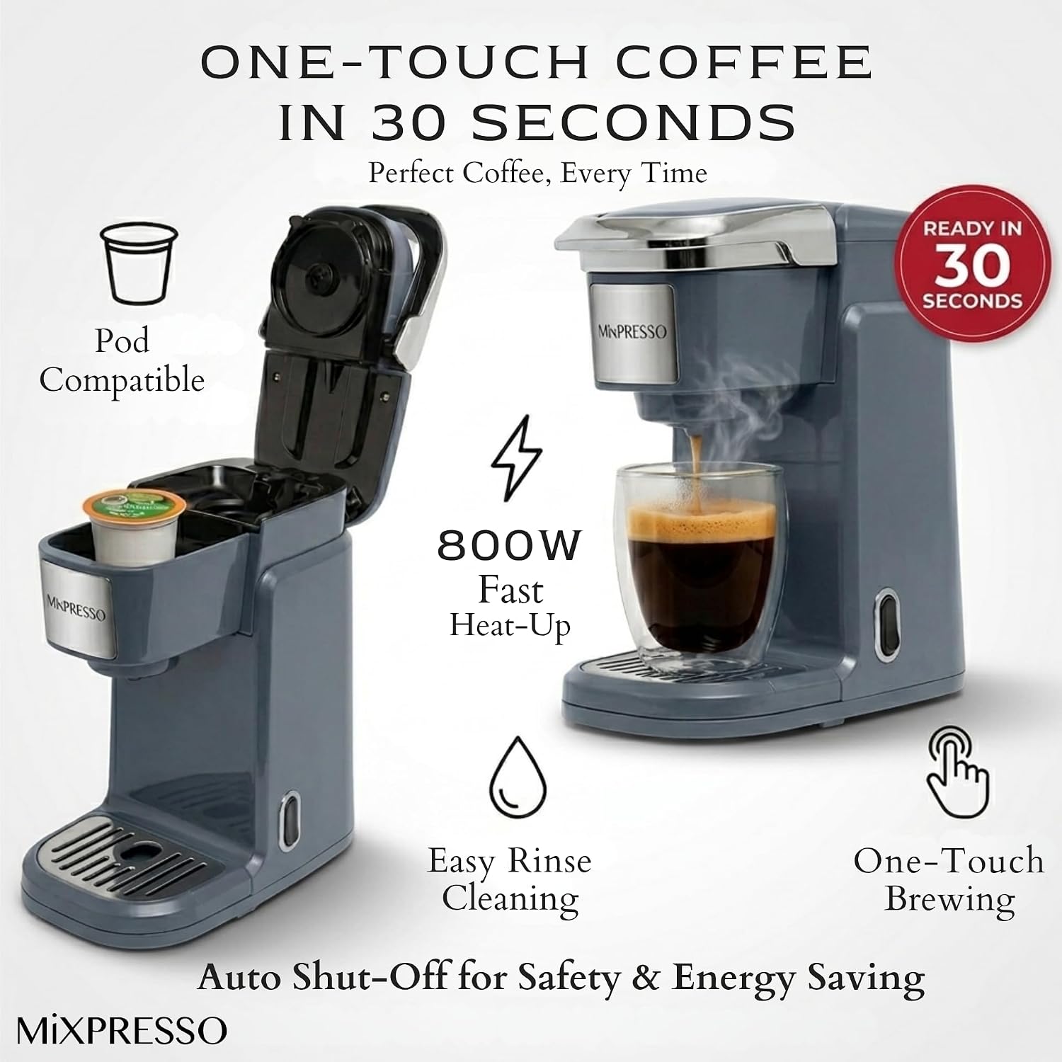 Mixpresso Single Serve Coffee Maker K Cup Coffee Maker for K Pods & Grounds | Compact 800W White Coffee Machine with 14 Oz Water Tank, Fast Brew & Auto Shut-Off, Small Design for Travel RV, Office& Dorm