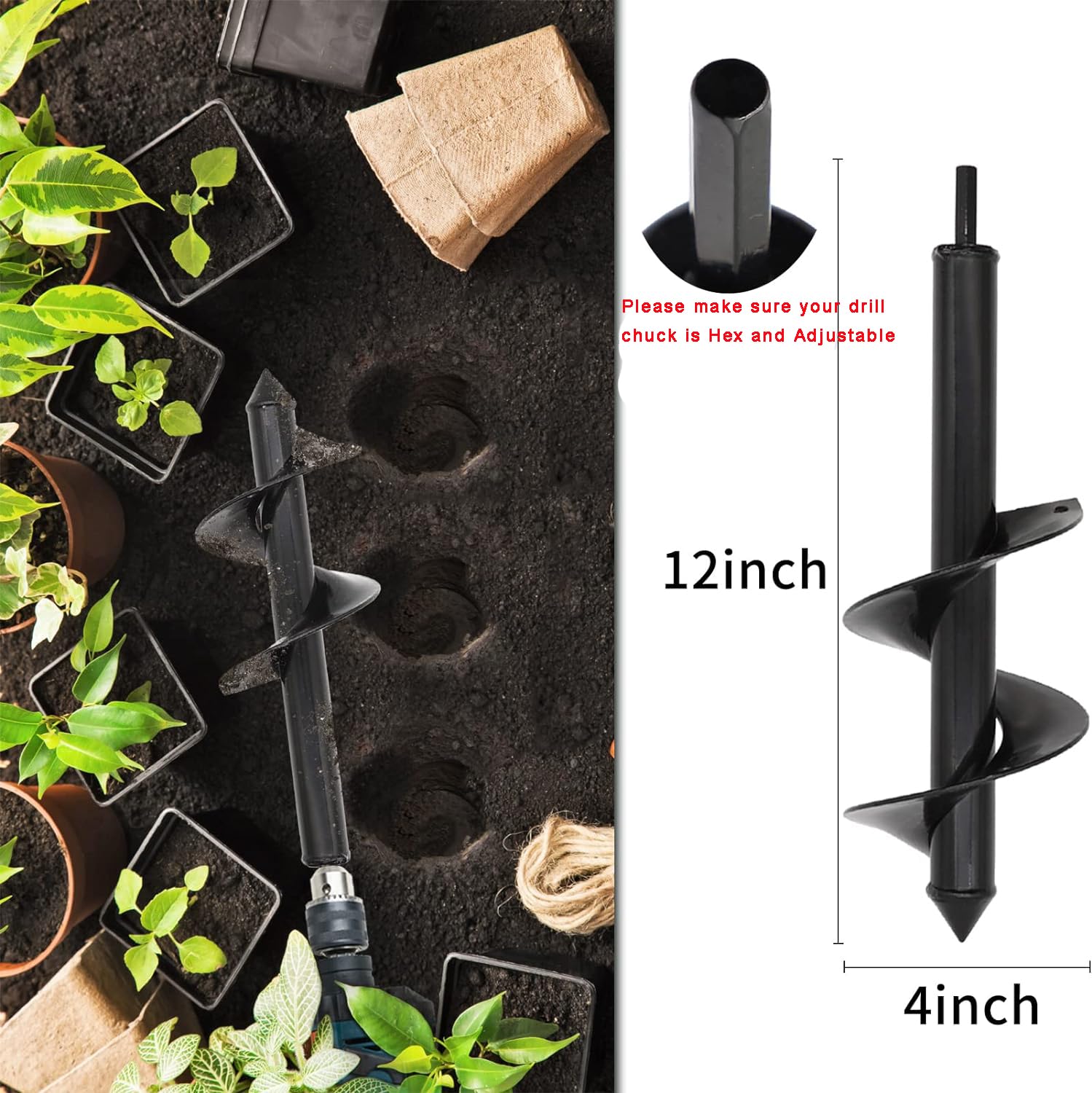 TCBWFY Auger Drill Bit for Planting 1.6x16.5inch Extended Length Garden Auger Spiral Drill Bit for Planting Bulbs Flowers,Post Hole Digger for 3/8”Hex Drill