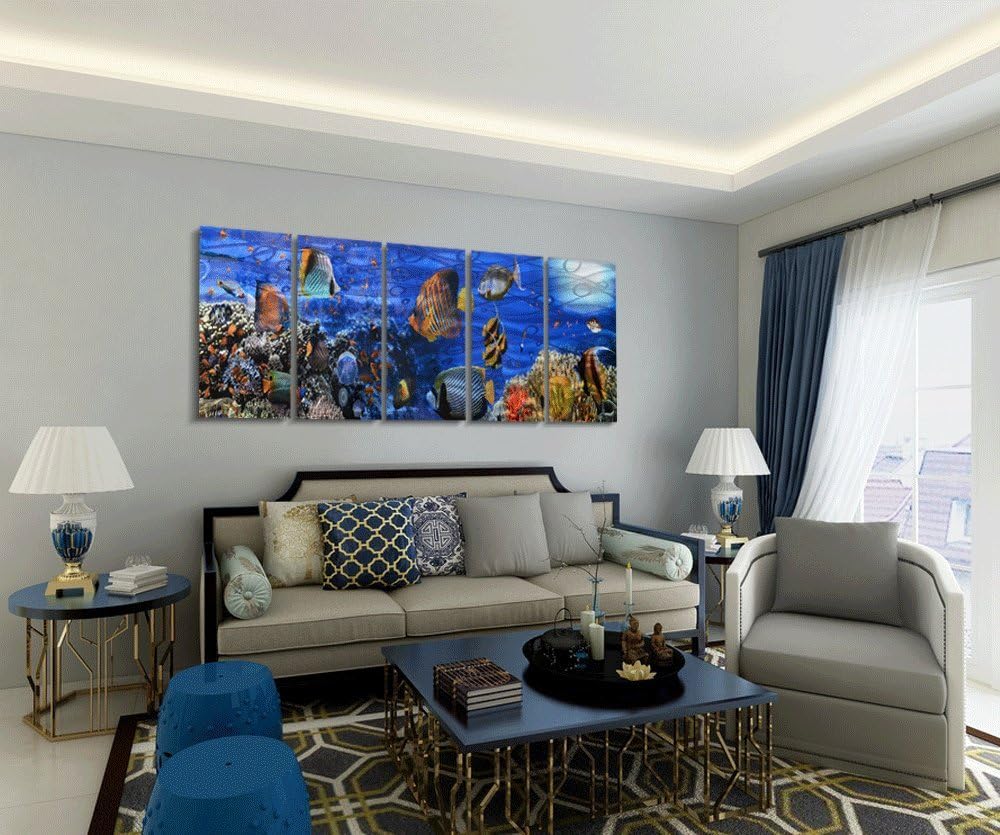 Yihui Arts Handcrafted 3D Metal Wall Art - Ocean Wave Sculpture, 5 - Panel Aluminum Decor for Living Room, Bedroom & Office