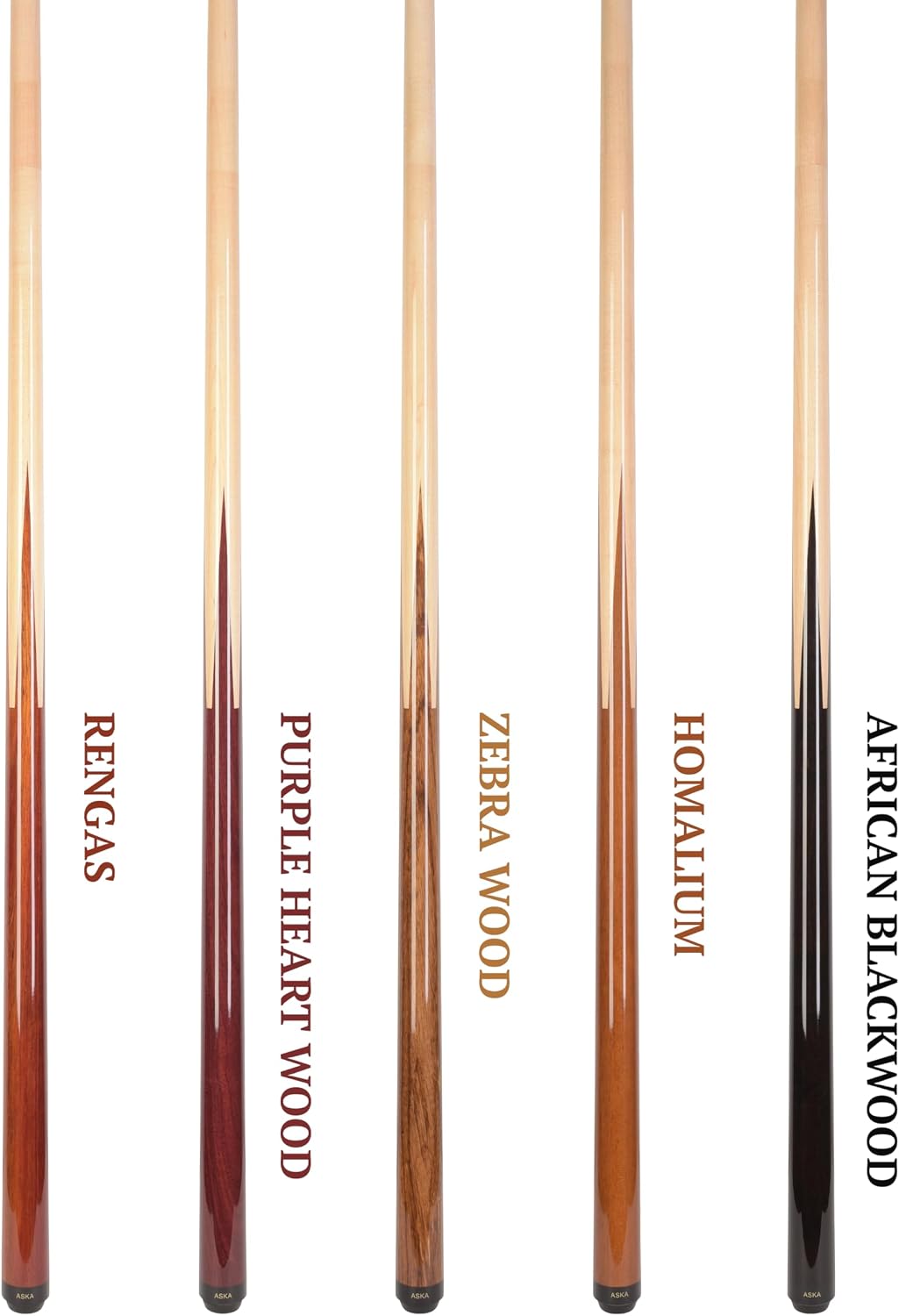 ASKA Sneaky Pete Pool Cue Set, 5 Unique Wood Cues, 58" Canadian Maple Shafts, 13mm Leather Tip, 5/16x18 Joint