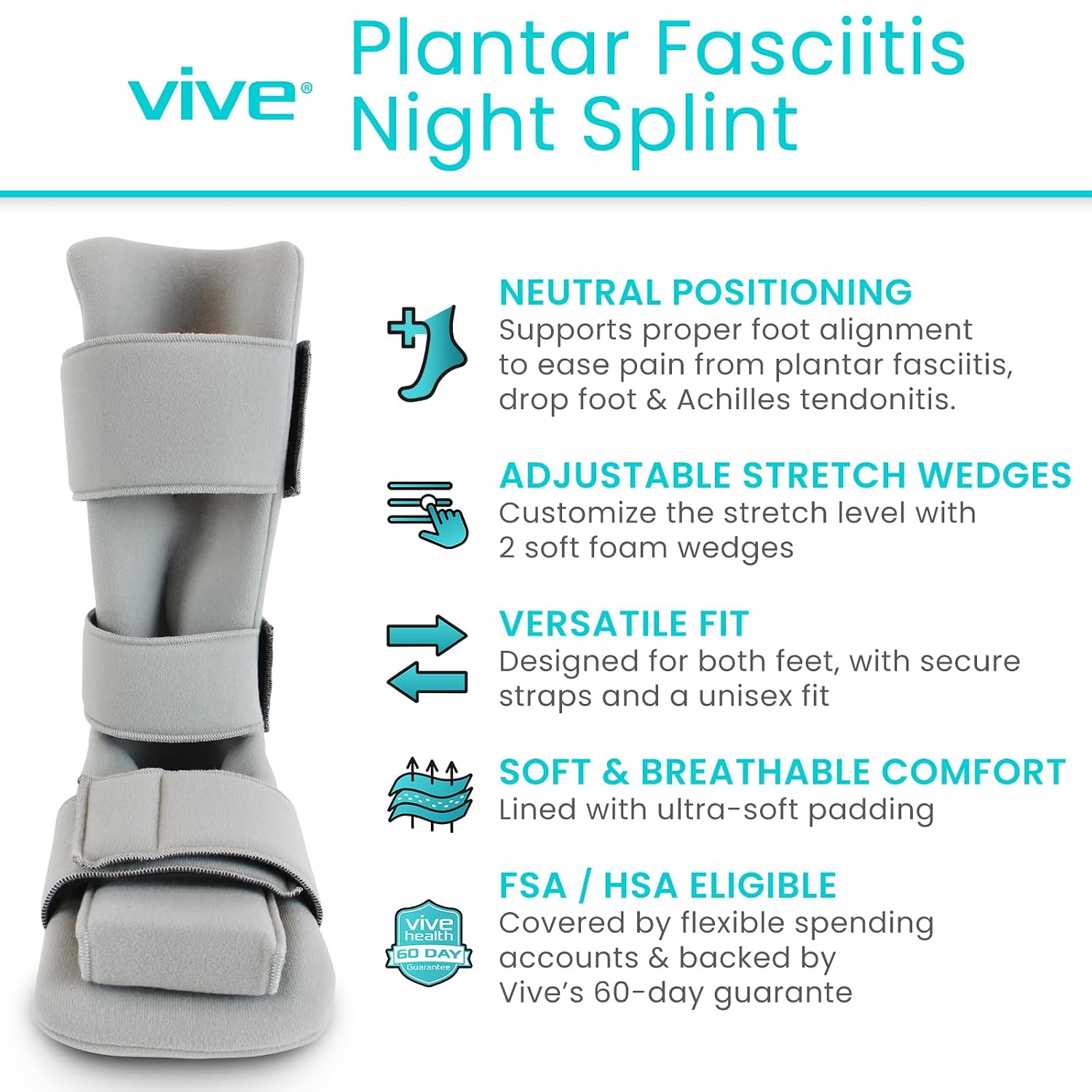 Vive Plantar Fasciitis Night Splint Plus Trigger Point Stretch Wedges | Soft Leg Brace Support, Orthopedic Sleeping Immobilizer Stretch Boot (Large: Men's: 8.5-11, Women's: 10-12)