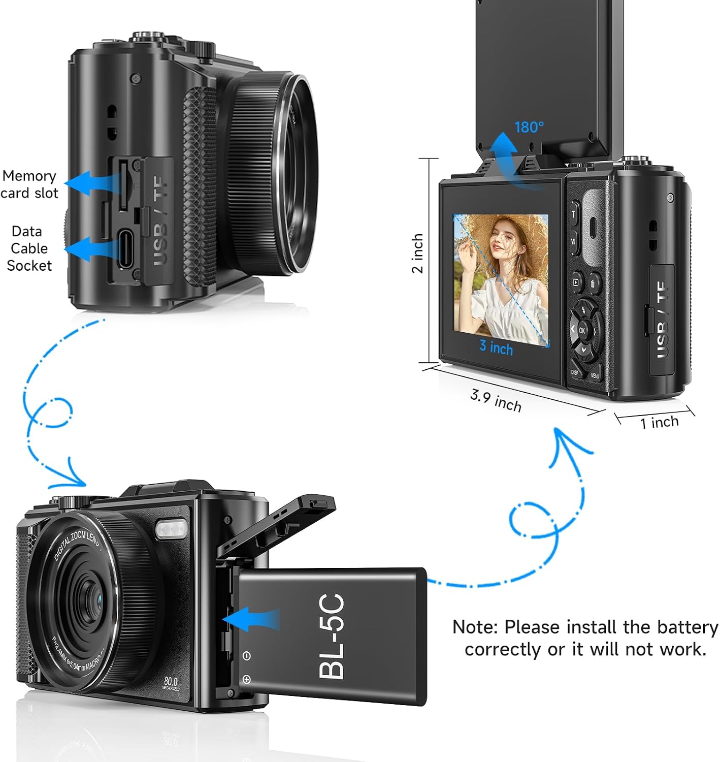 5K Vlogging Digital Camera for Beginners, 80MP Travel Camera for Photography with 32GB Card, 18X Zoom Portable Compact Camera with 180° Flip Screen