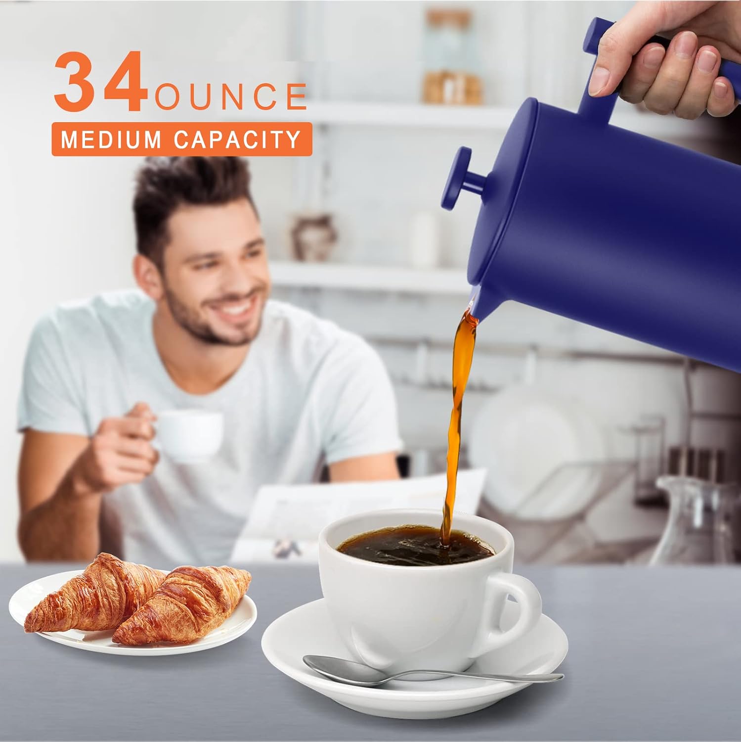 Secura French Press Coffee Maker, 304 Grade Stainless Steel Insulated Coffee Press with 2 Extra Screens, 34oz (1 Litre), Silver