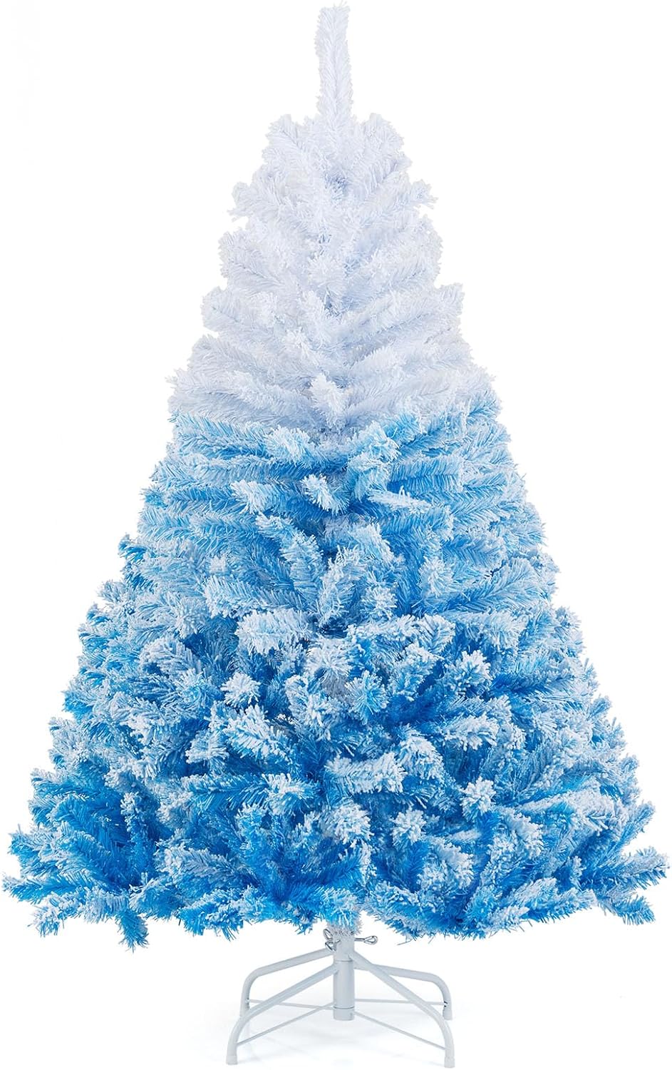 Goplus 7.5ft Pre-Lit Artificial Christmas Tree, Premium PVC Snow Flocked Hinged Pine Tree with Metal Stand and LED Lights