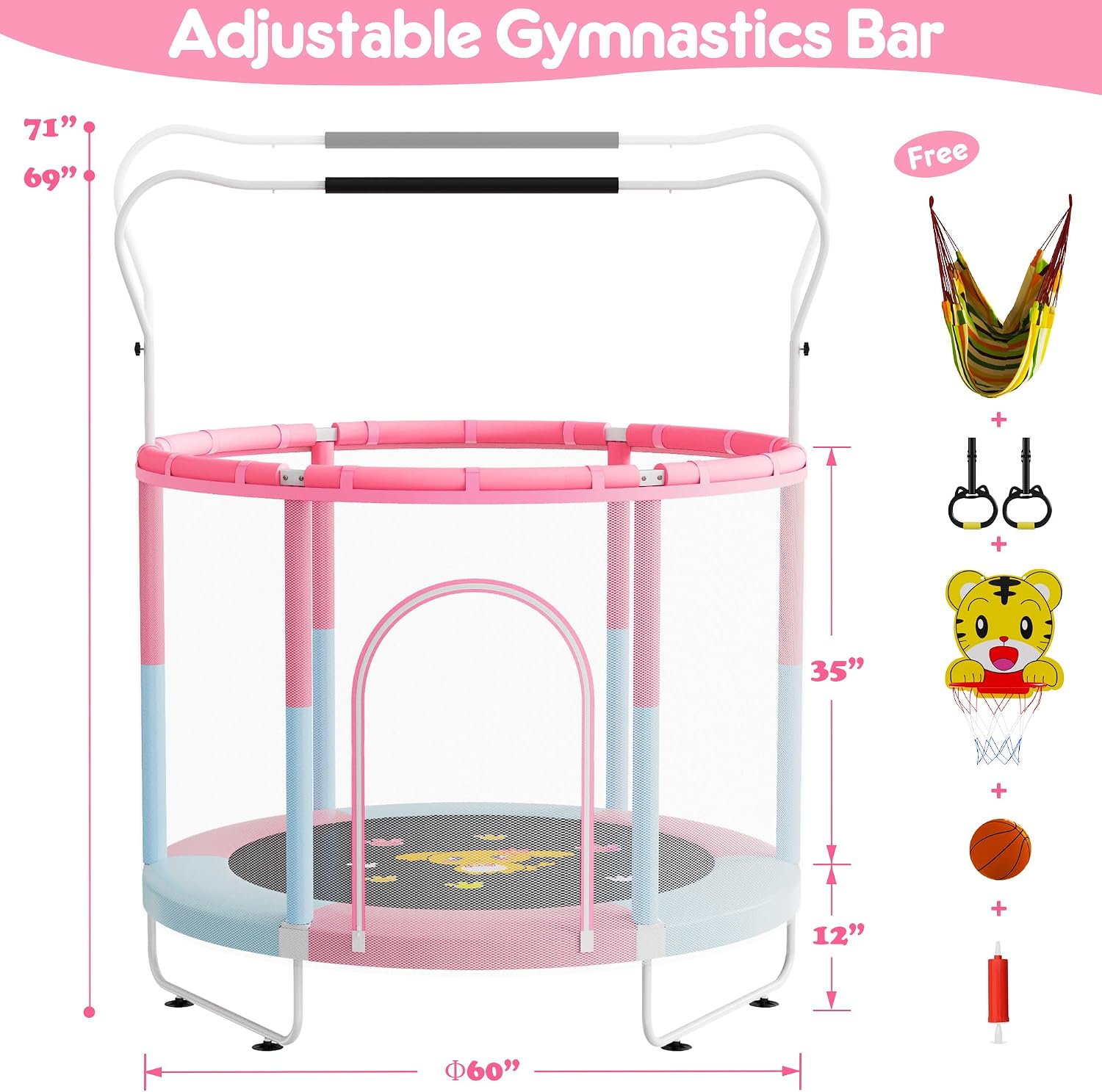 VGMiu 60" Trampoline for Kids, Toddler Trampoline Indoor with Net, Age 3-8