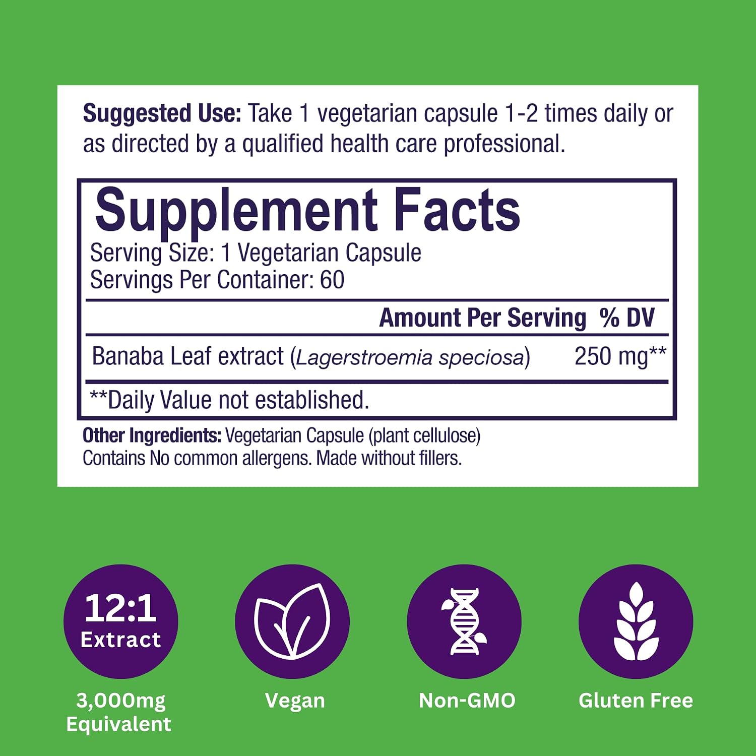 Paradise Herbs & Essentials Banaba Leaf Extract 250 mg, 180 Capsules | 12:1 concentrated formula, vegan, gluten free, non-GMO dietary supplement with a convenient daily serving format