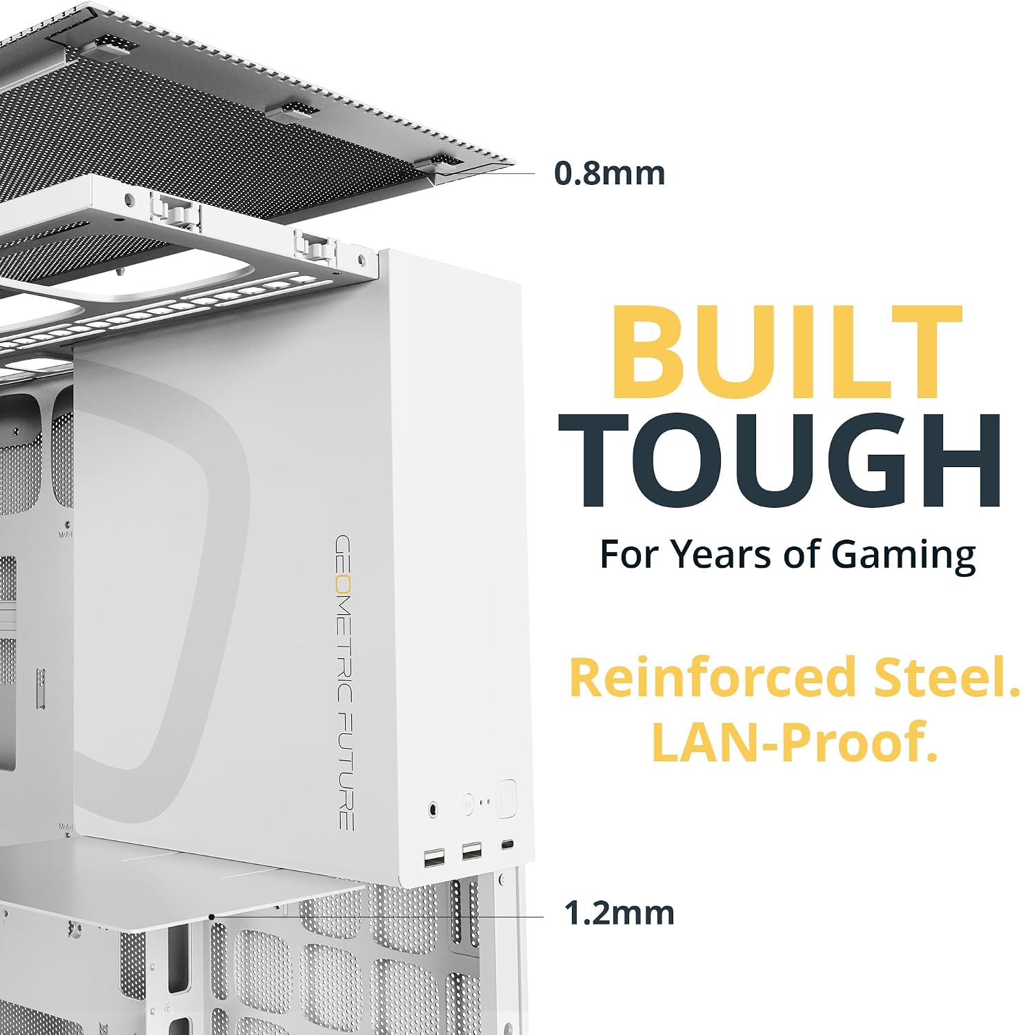 Geometric Future M5 Tempered Glass Mid Tower, E-ATX/ATX Gaming Case, 1.2mm Steel, Type C, Toolless Panels, Support 420/360 Radiator, ARGB PWM 140m Fan x 5 Pre-Installed, Black/Yellow, GEO-M5F-BY