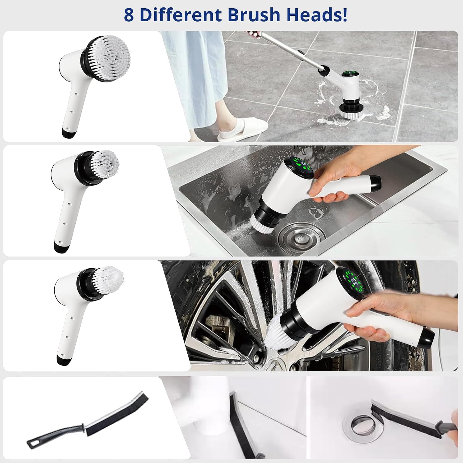 Electric Spin Scrubber, Cordless Power Cleaning Brush with 8 Replaceable Heads, 2 Adjustable Speeds, LED Display & Long Handle